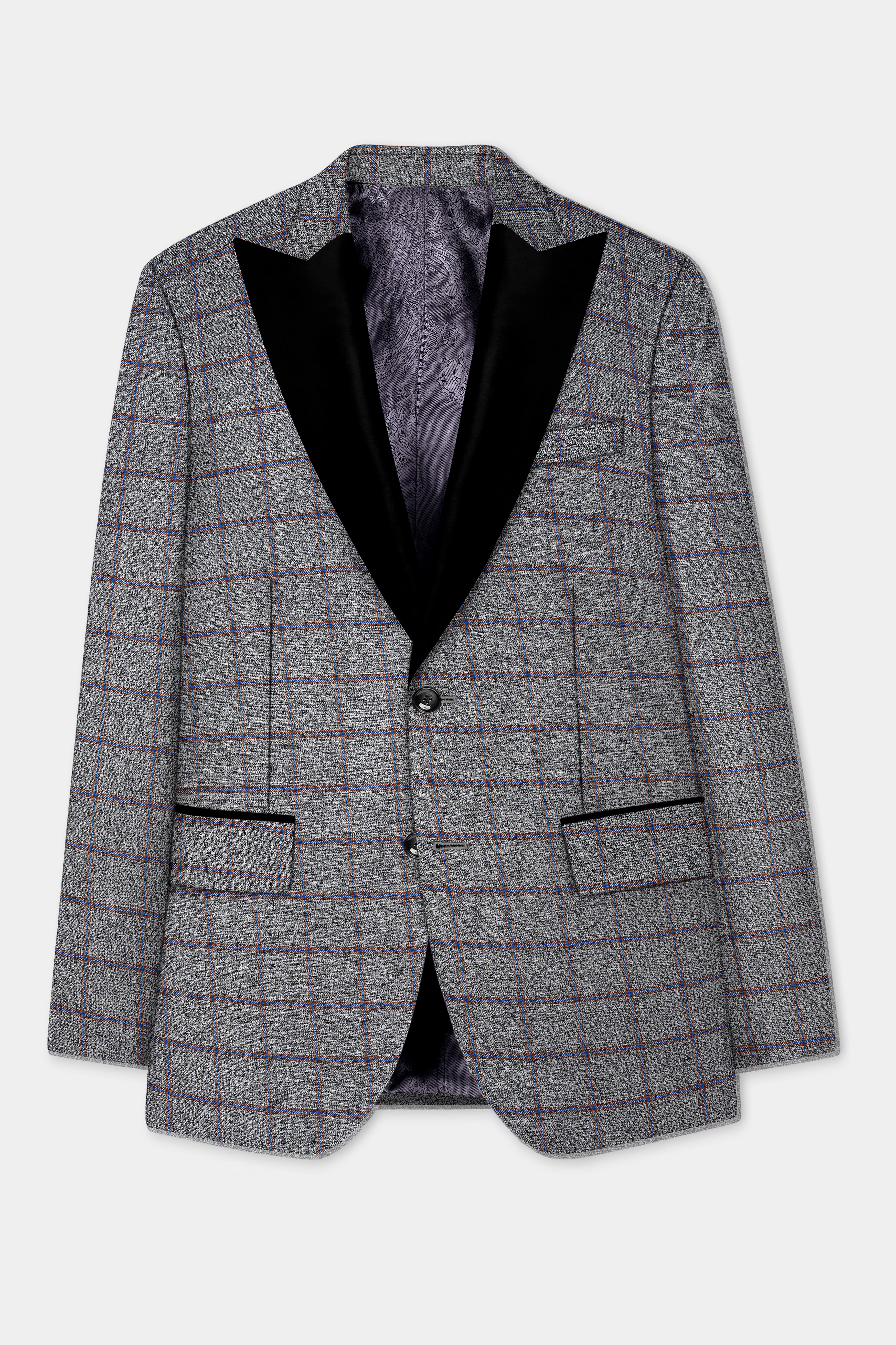 Smokey Gray Windowpane Wool Blend Peak Collar Tuxedo Suit