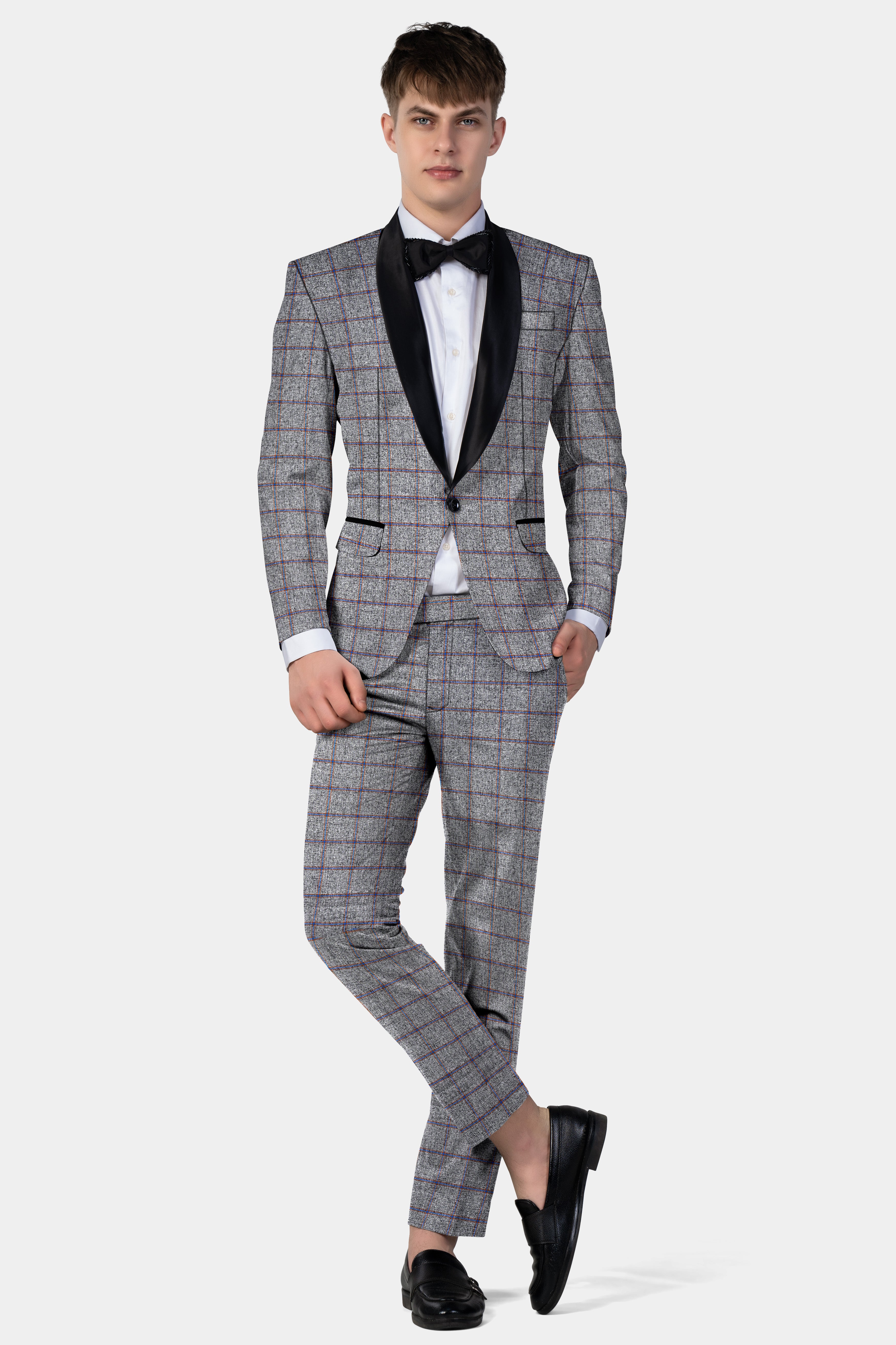 Smokey Gray Windowpane Wool Blend Tuxedo Suit