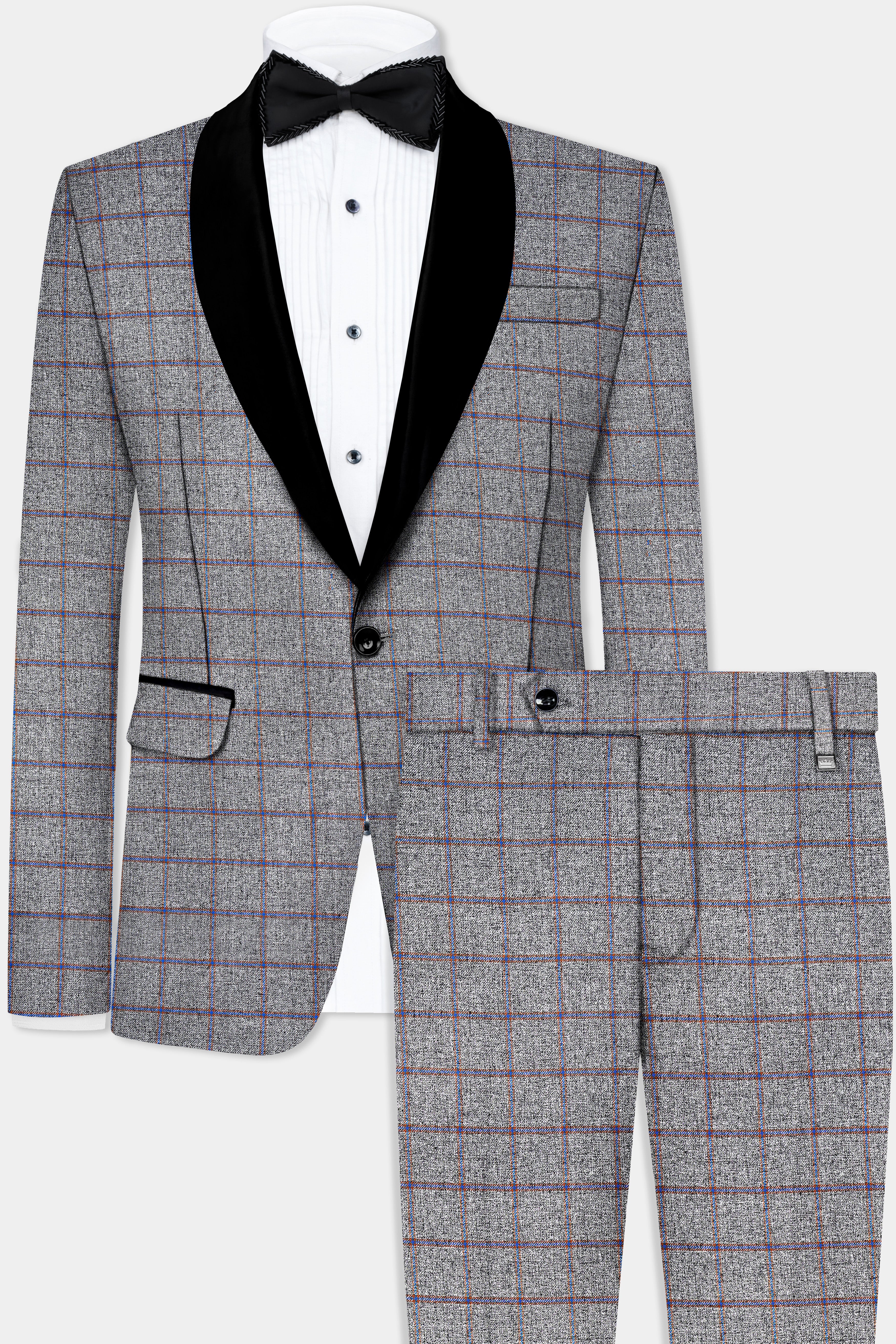 Smokey Gray Windowpane Wool Blend Tuxedo Suit