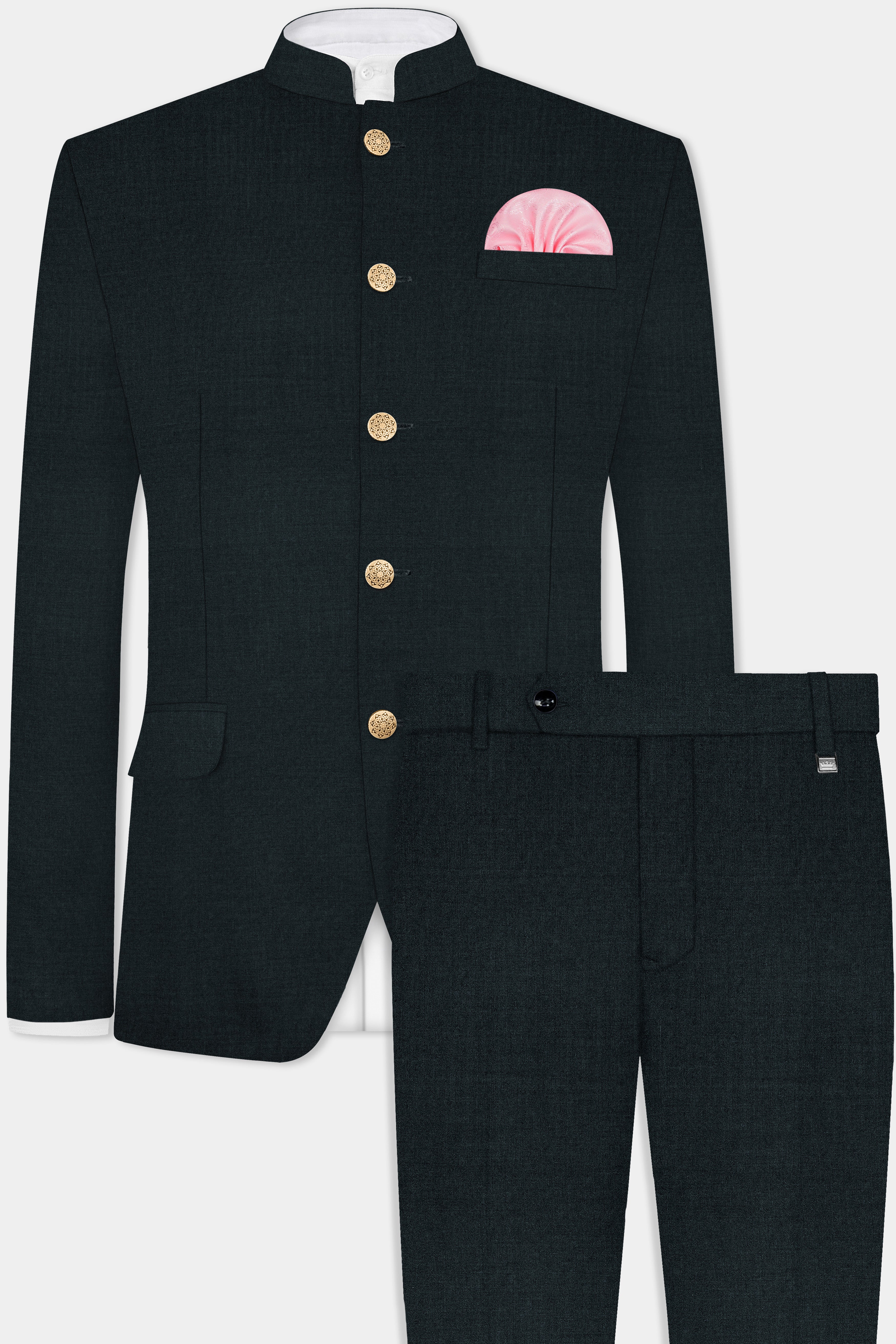 Racing Green Solid Wool Blend Bandhgala Suit