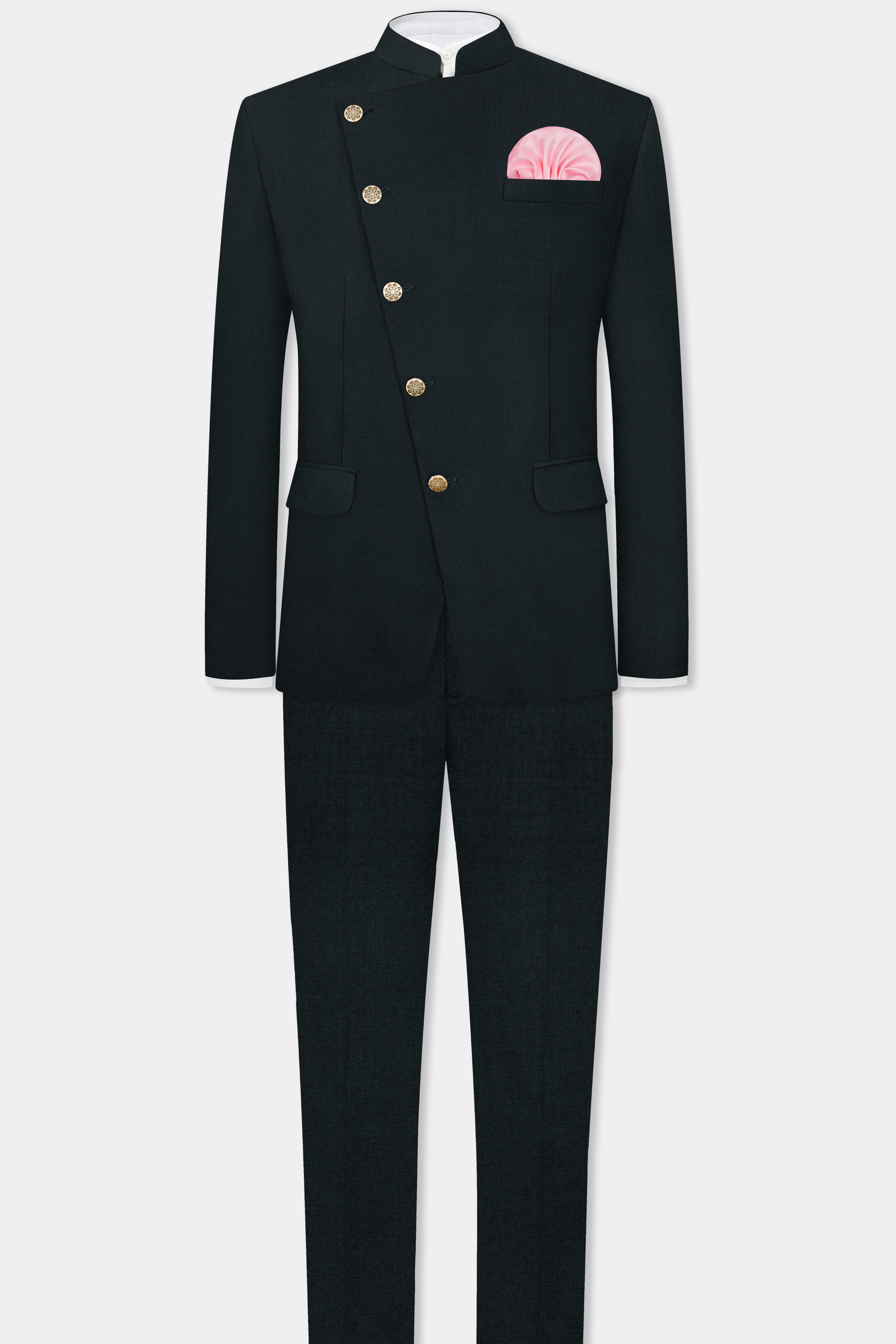 Racing Green Solid Wool Blend Cross Placket Bandhgala Suit