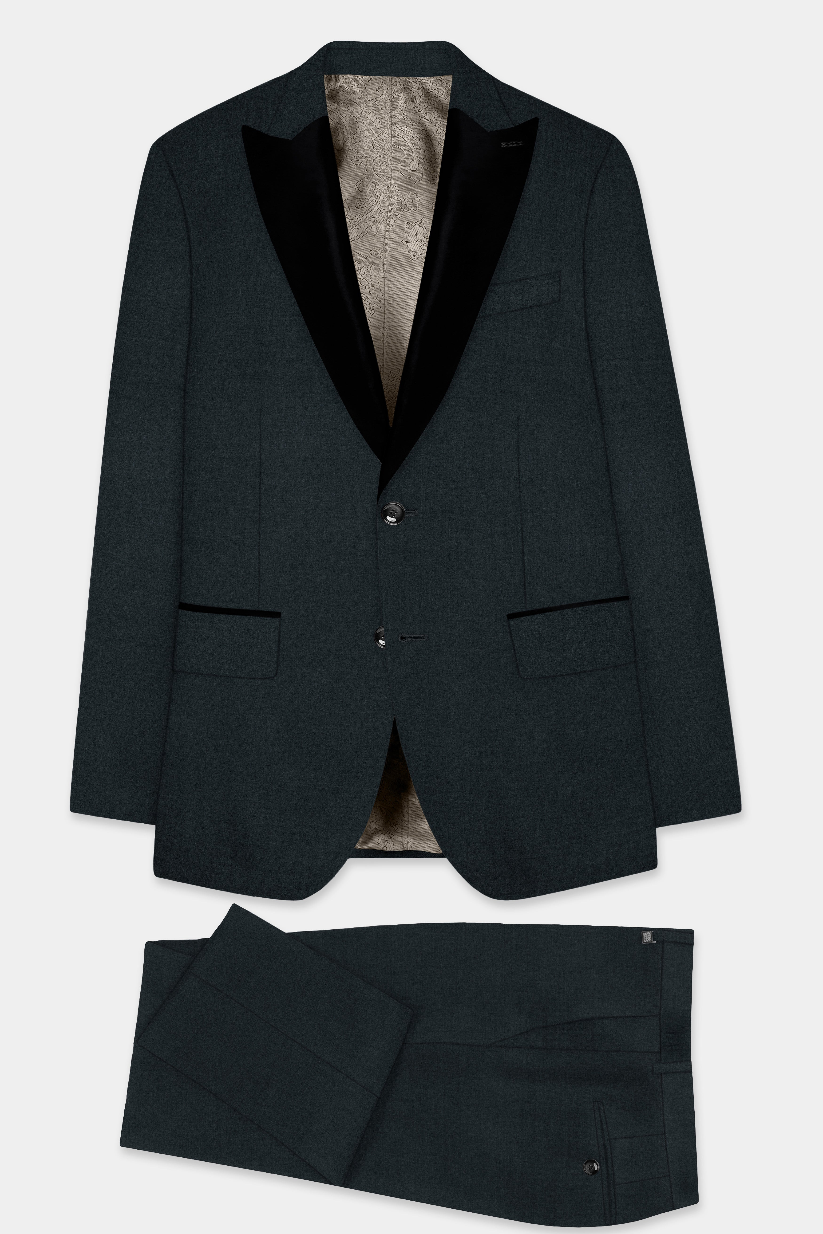 Racing Green Solid Wool Blend Peak Collar Tuxedo Suit