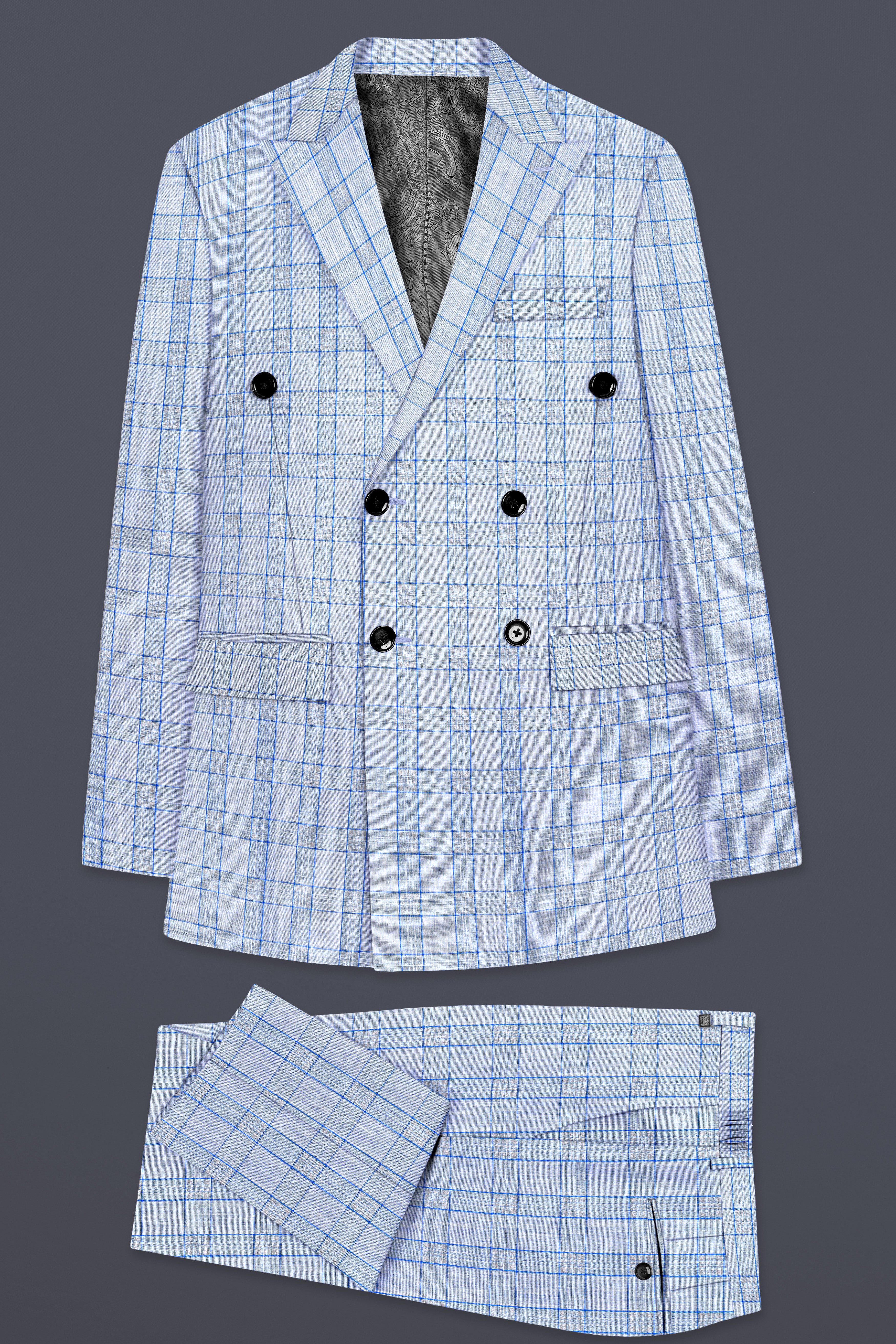 Carolina Blue Plaid Wool Blend Double Breasted Suit