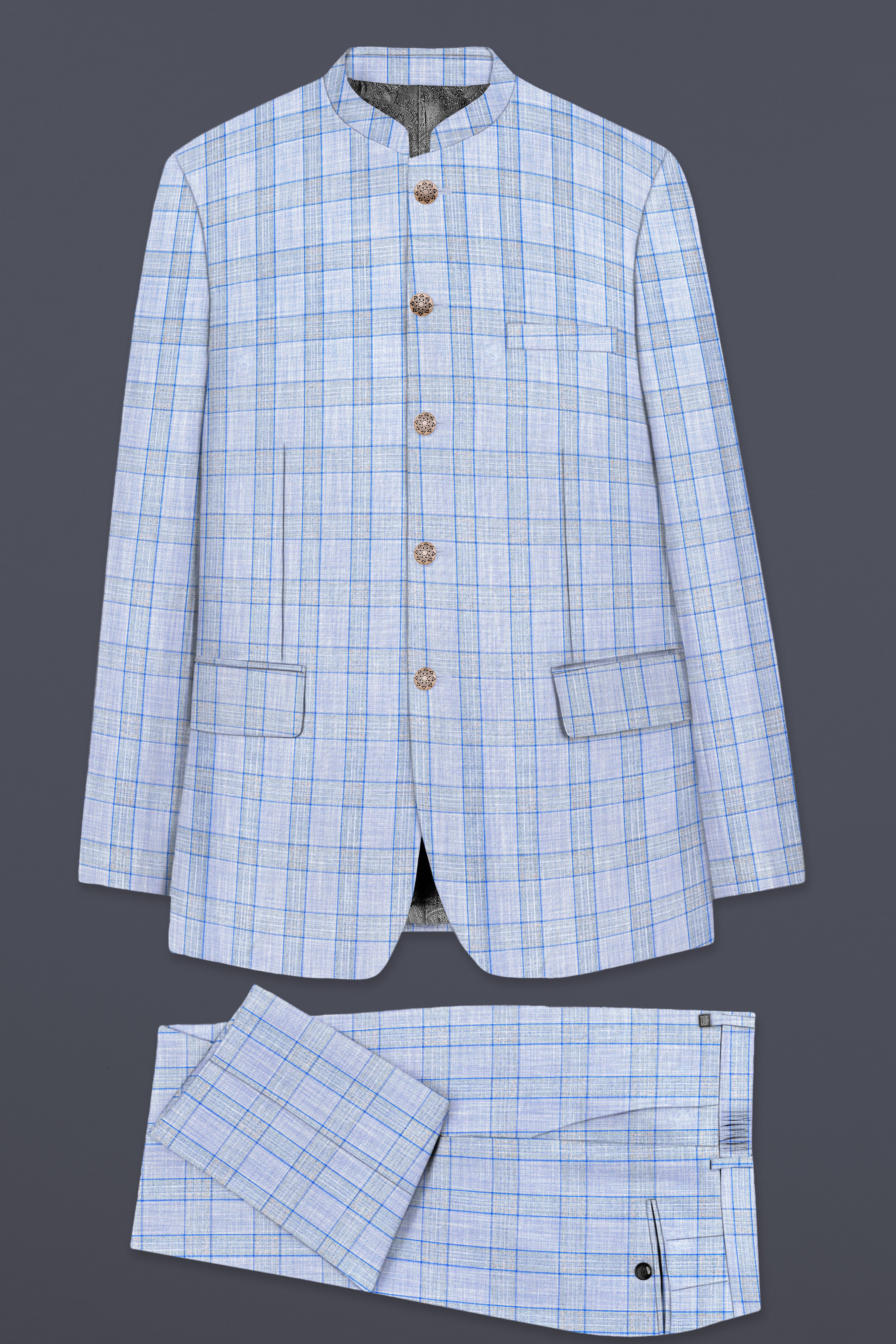 Carolina Blue Plaid Wool Blend Bandhgala Suit