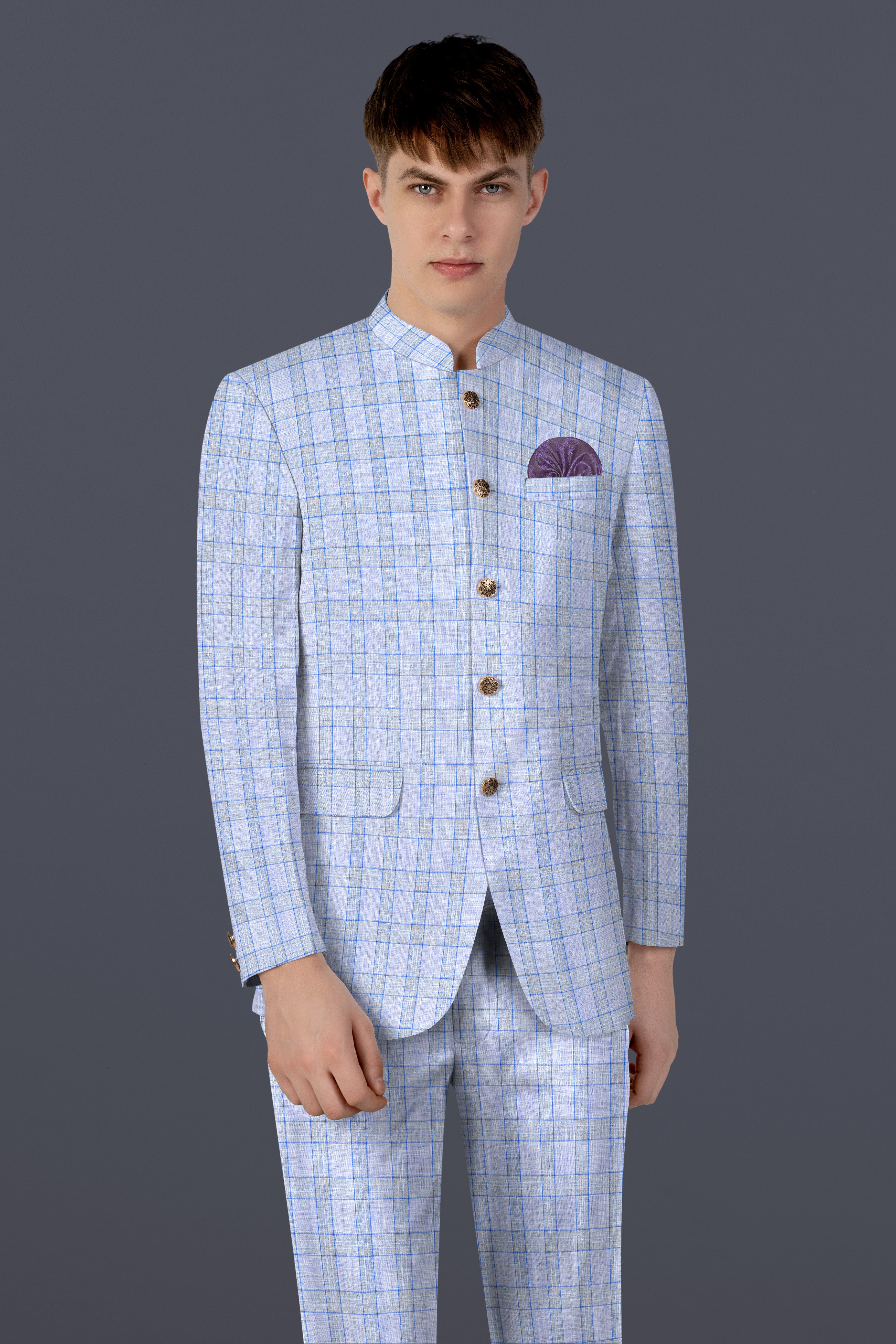 Carolina Blue Plaid Wool Blend Bandhgala Suit