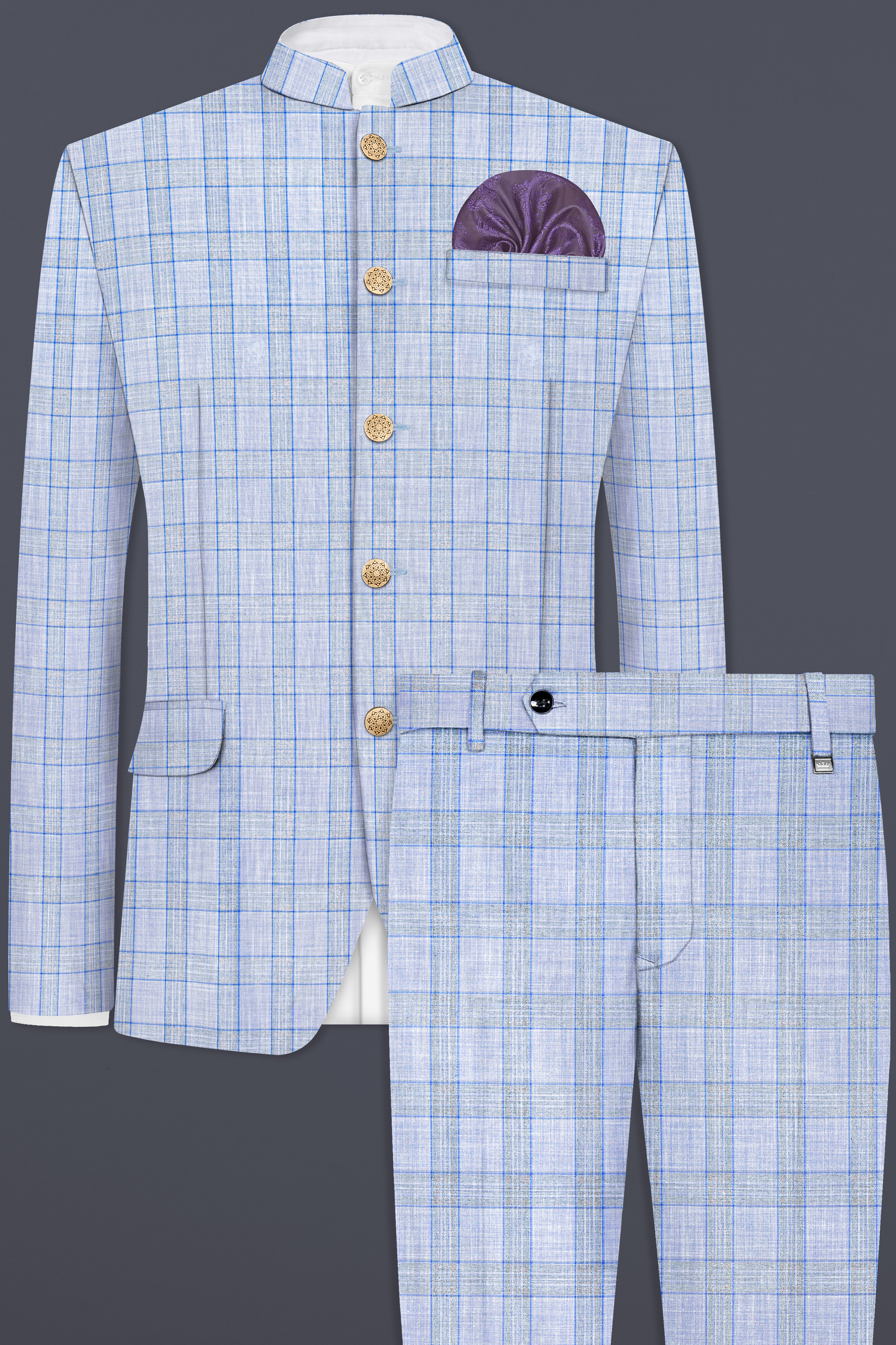 Carolina Blue Plaid Wool Blend Bandhgala Suit