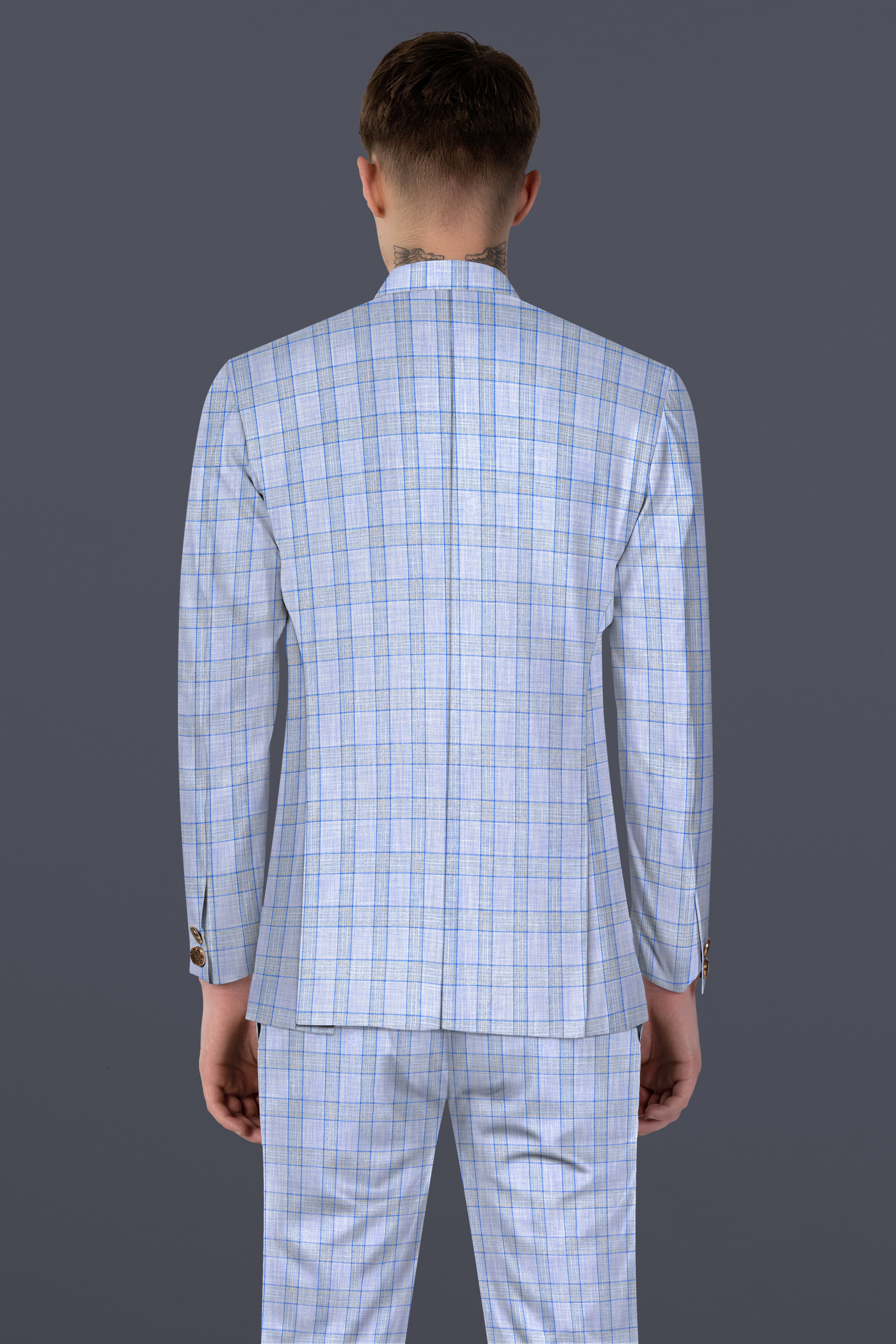 Carolina Blue Plaid Wool Blend Bandhgala Suit