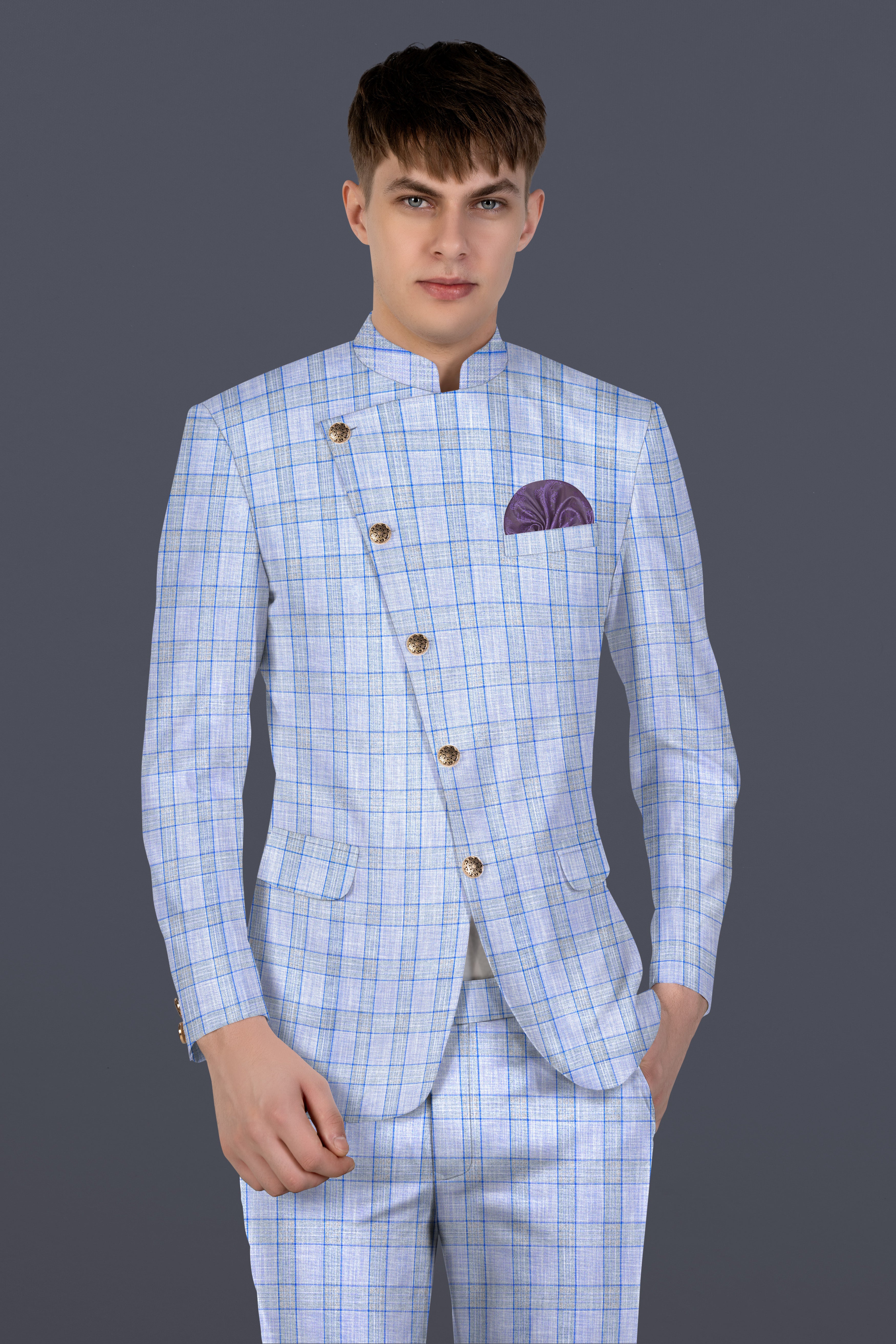 Carolina Blue Plaid Wool Blend Cross Placket Bandhgala Suit