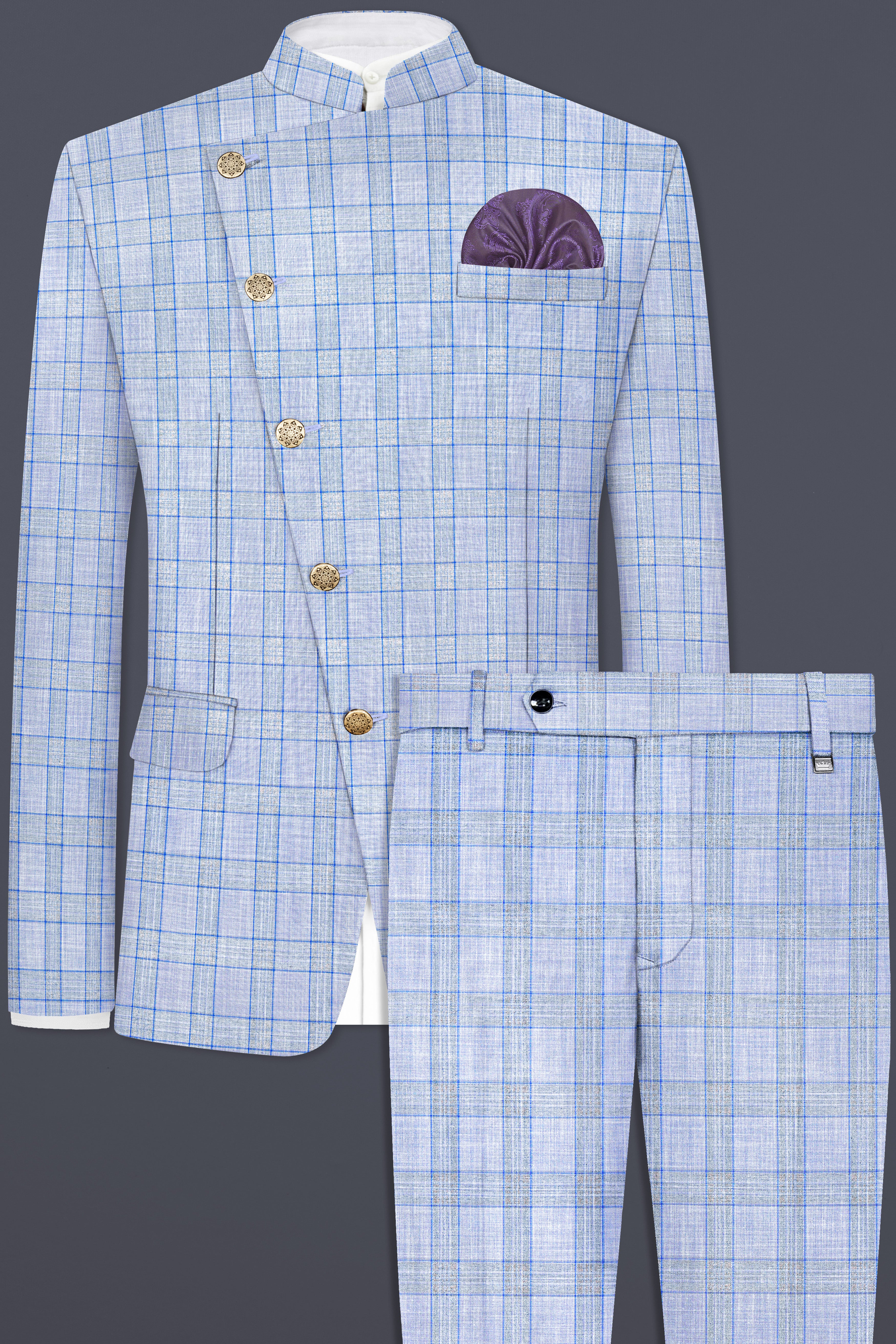 Carolina Blue Plaid Wool Blend Cross Placket Bandhgala Suit