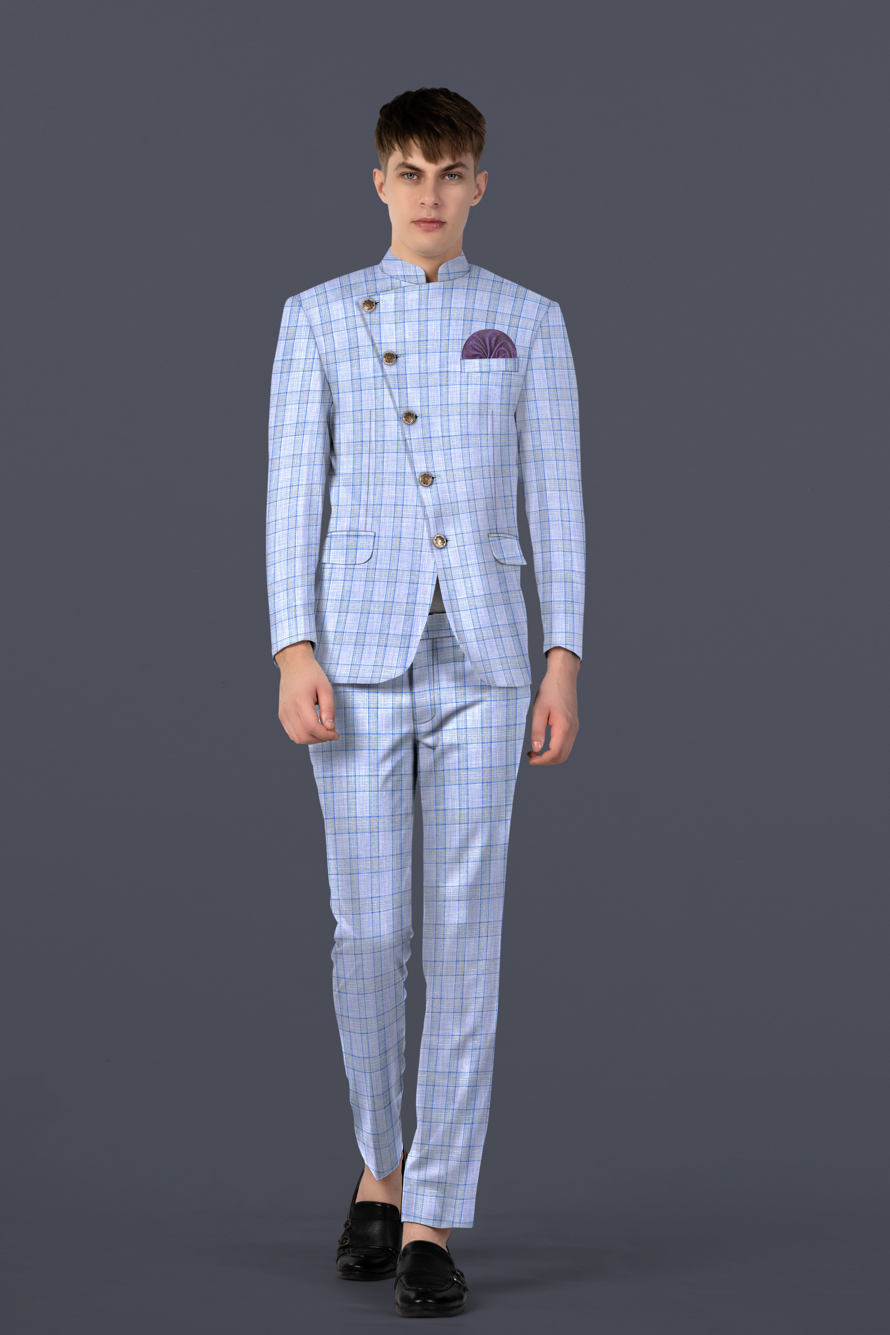 Carolina Blue Plaid Wool Blend Cross Placket Bandhgala Suit