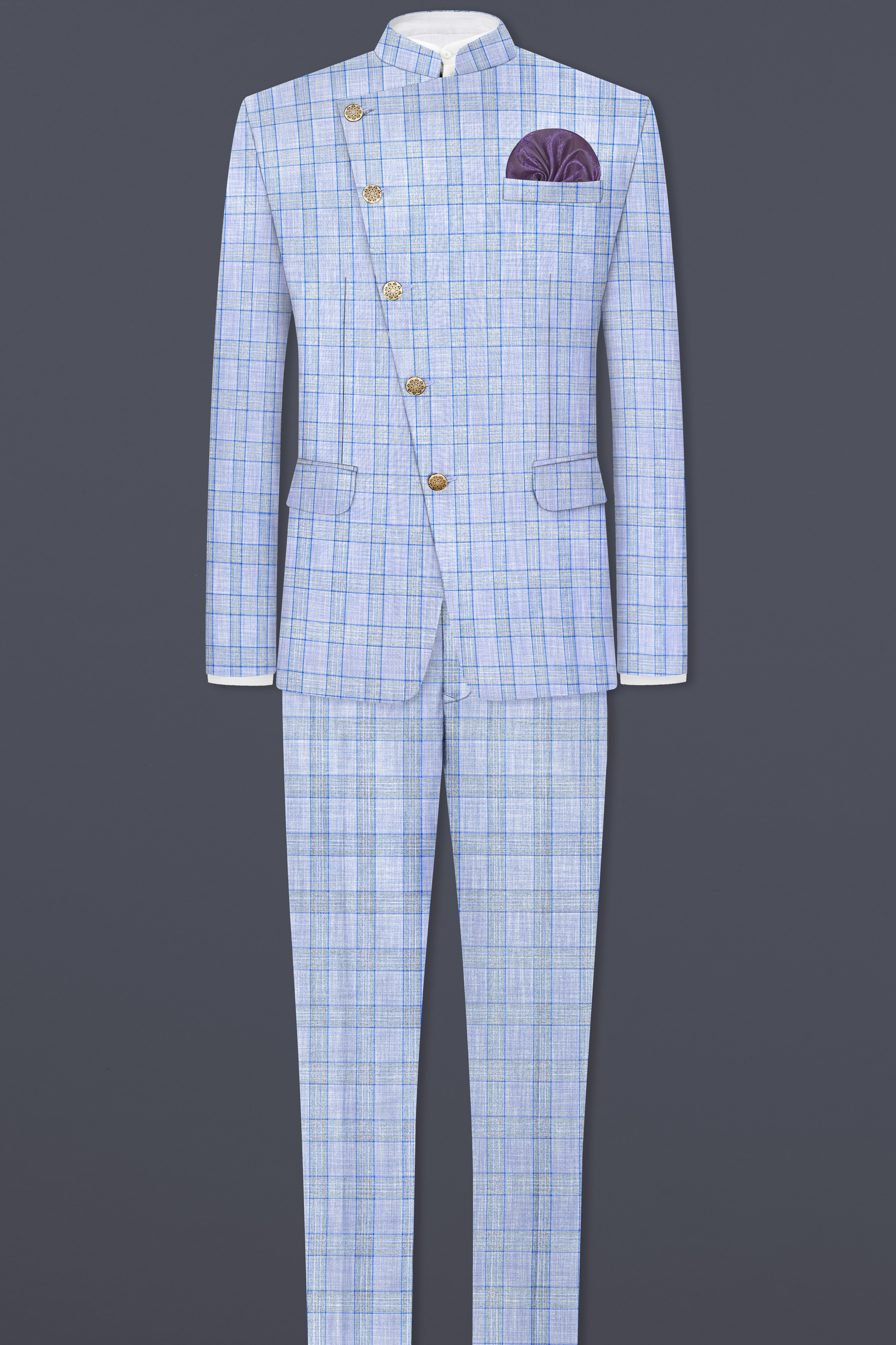 Carolina Blue Plaid Wool Blend Cross Placket Bandhgala Suit