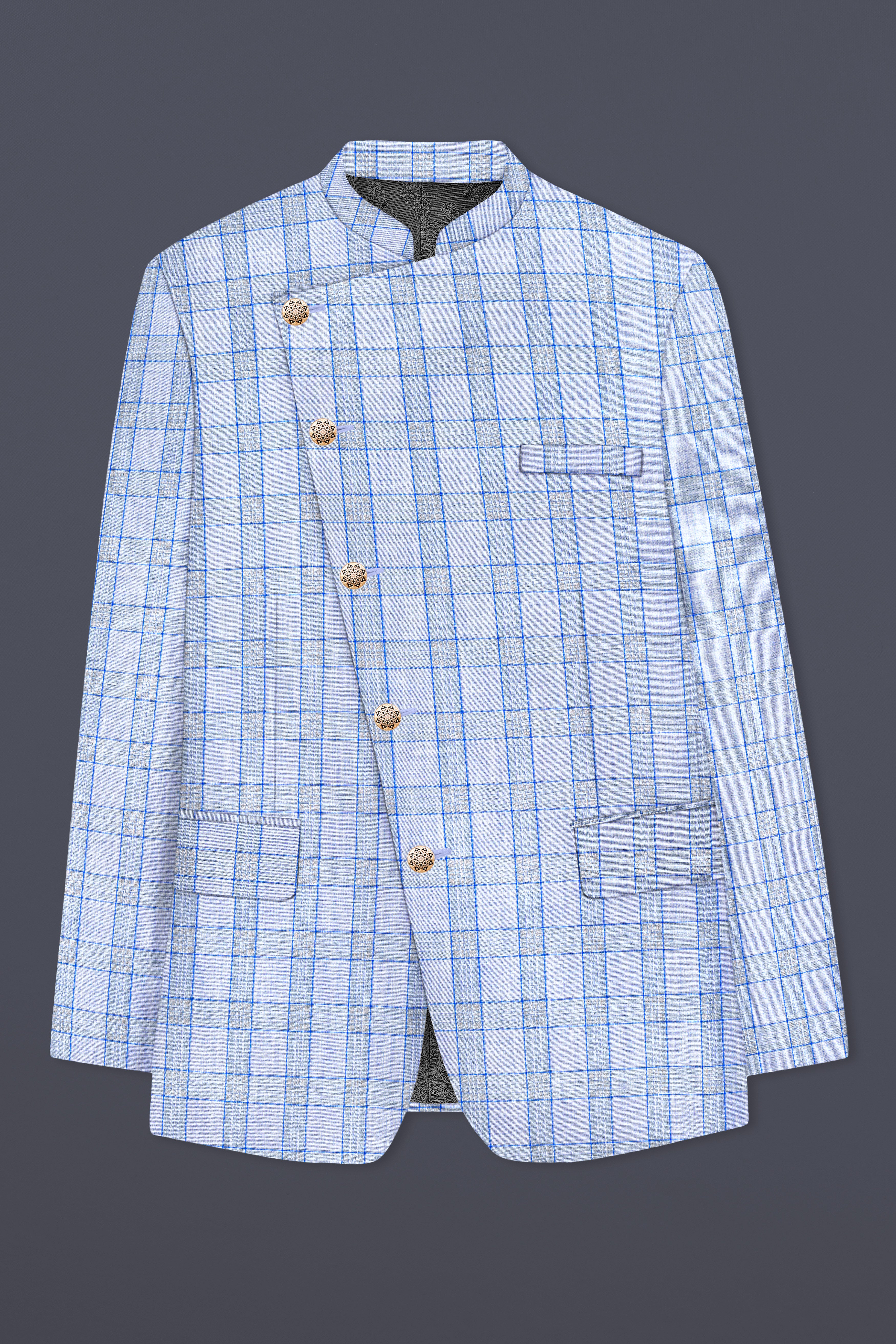 Carolina Blue Plaid Wool Blend Cross Placket Bandhgala Suit