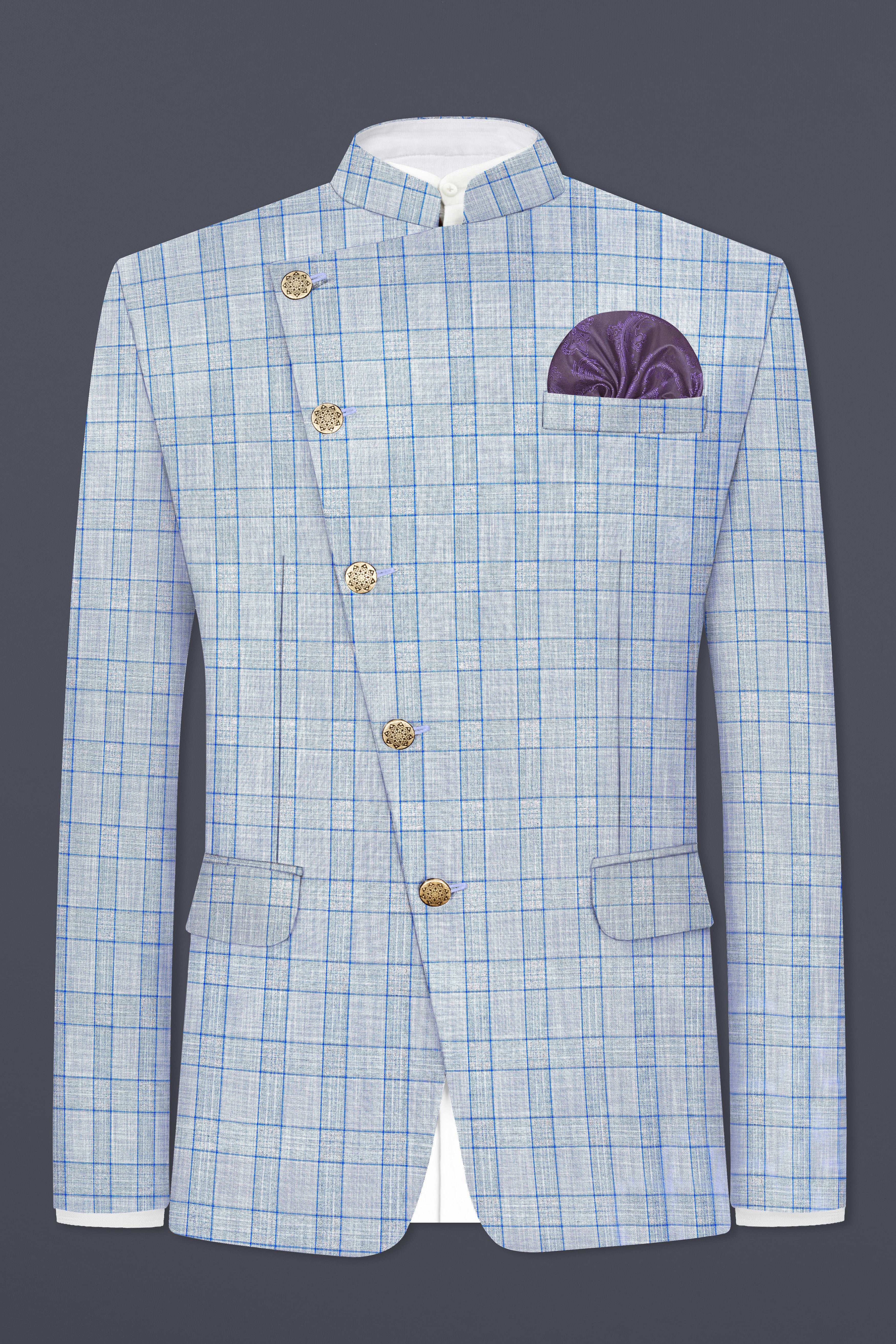 Carolina Blue Plaid Wool Blend Cross Placket Bandhgala Suit