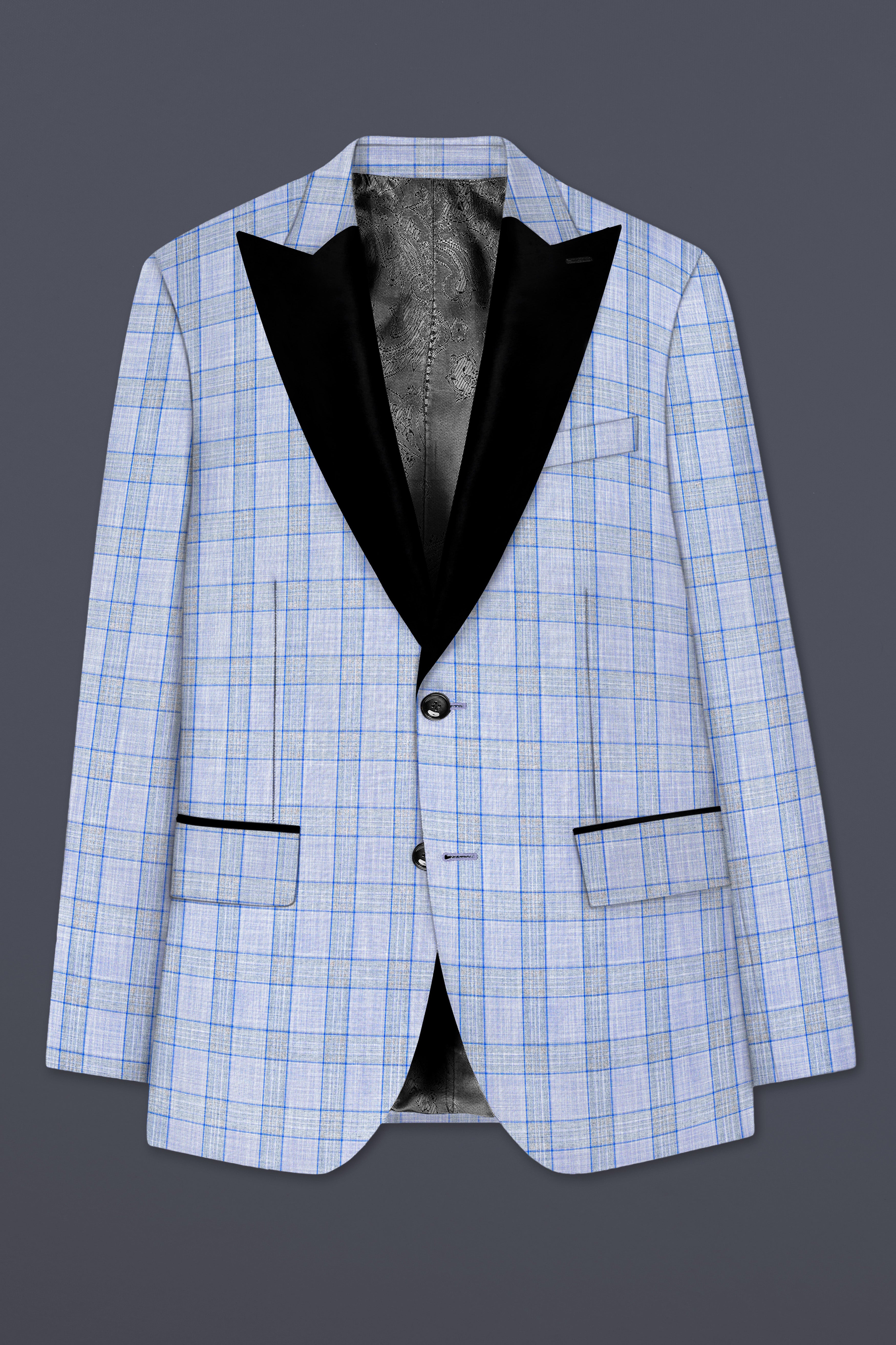 Carolina Blue Plaid Wool Blend Peak Collar Tuxedo Suit