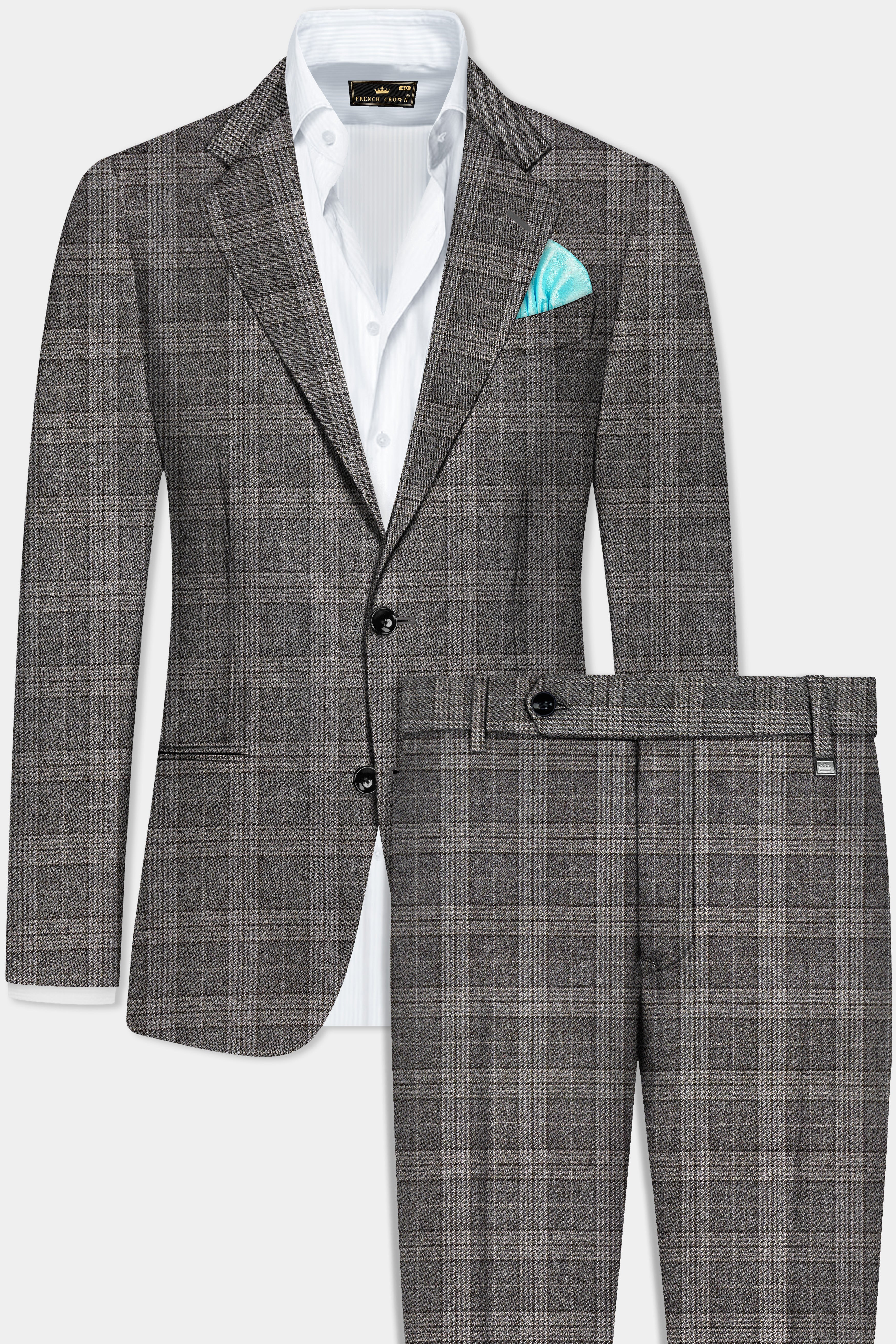 Iridium Gray Plaid Tweed Wool Blend Single Breasted Suit