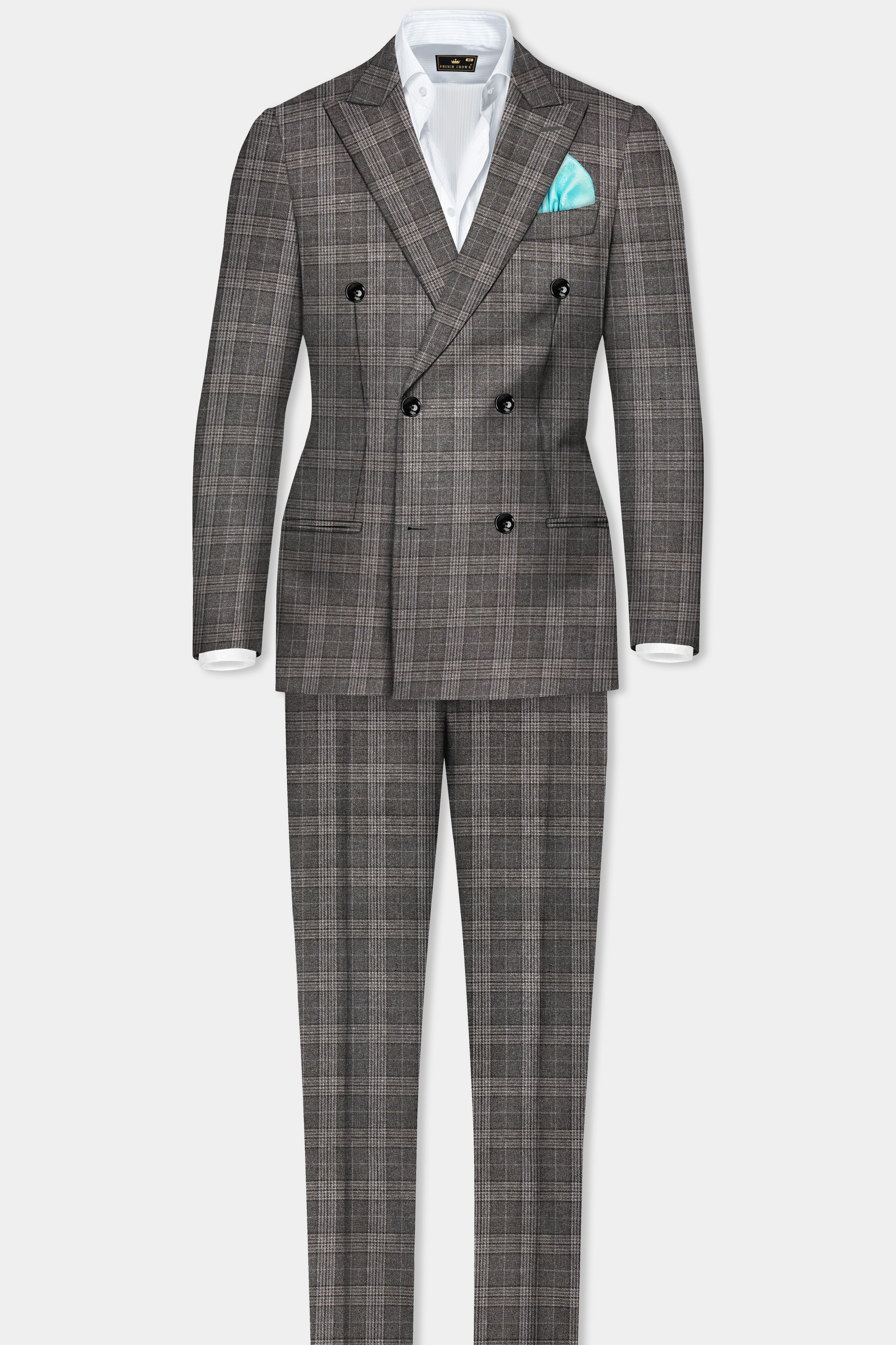 Iridium Gray Plaid Tweed Wool Blend Double Breasted Suit