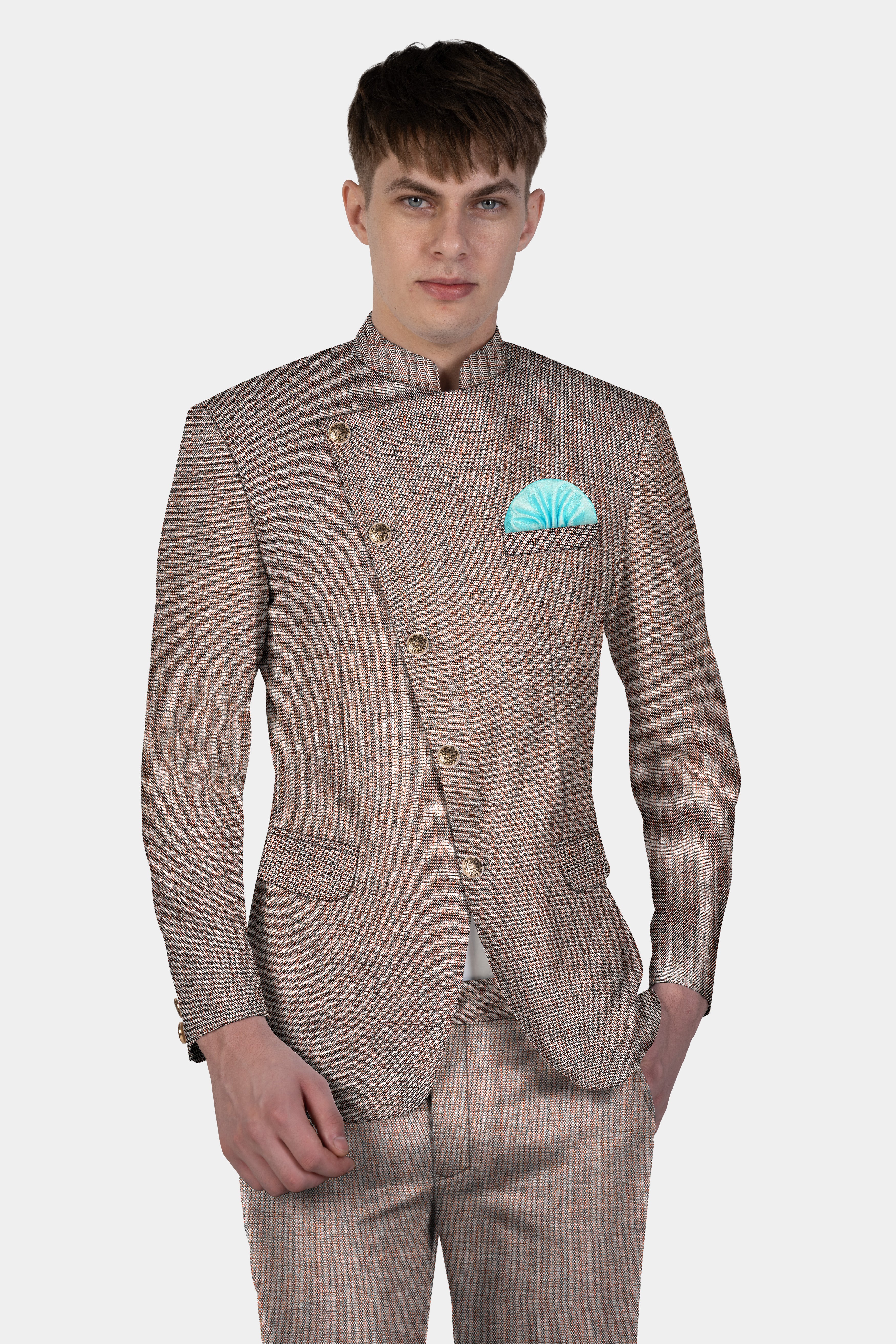 Ferra Brown Textured Cross Placket Bandhgala Suit