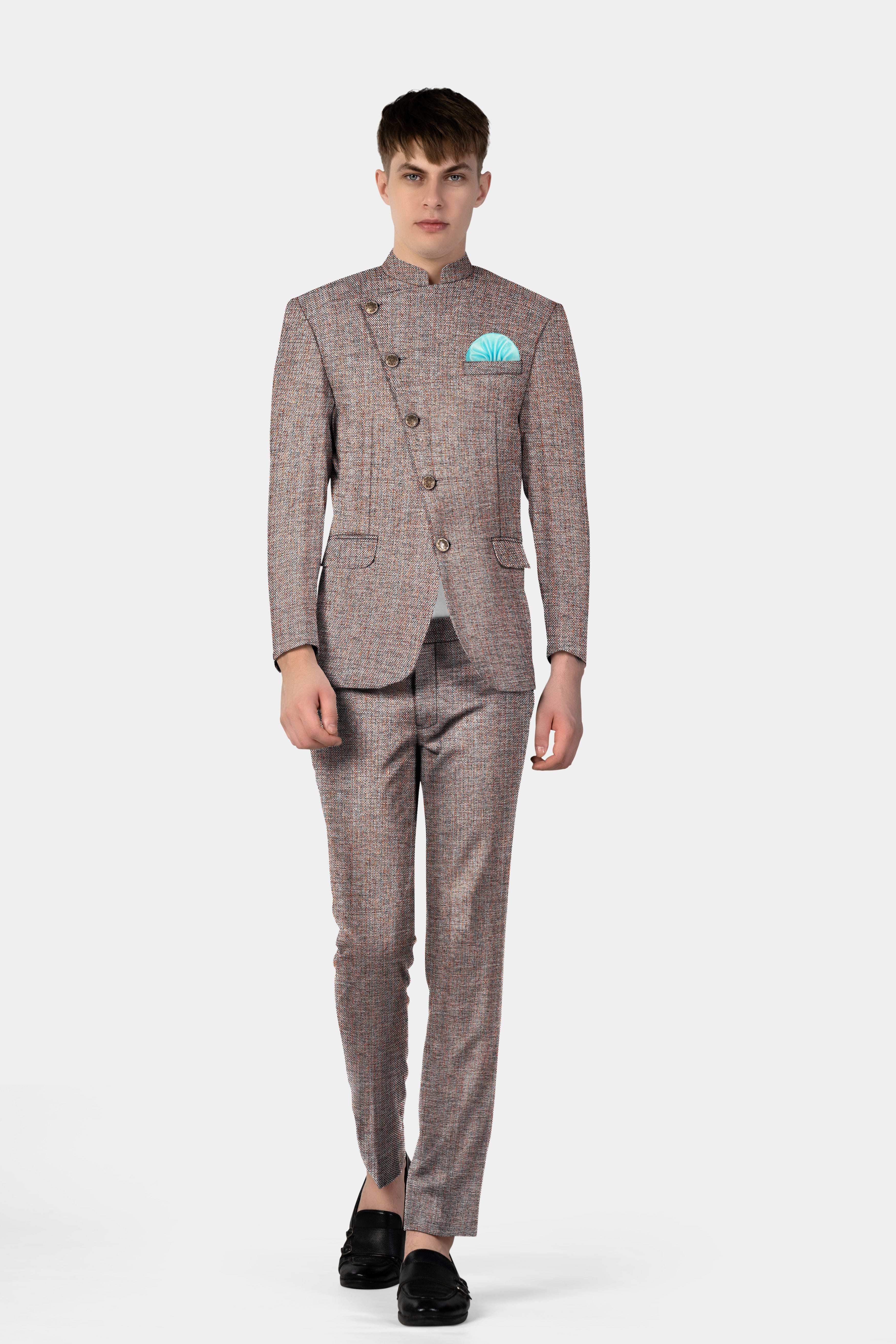 Ferra Brown Textured Cross Placket Bandhgala Suit