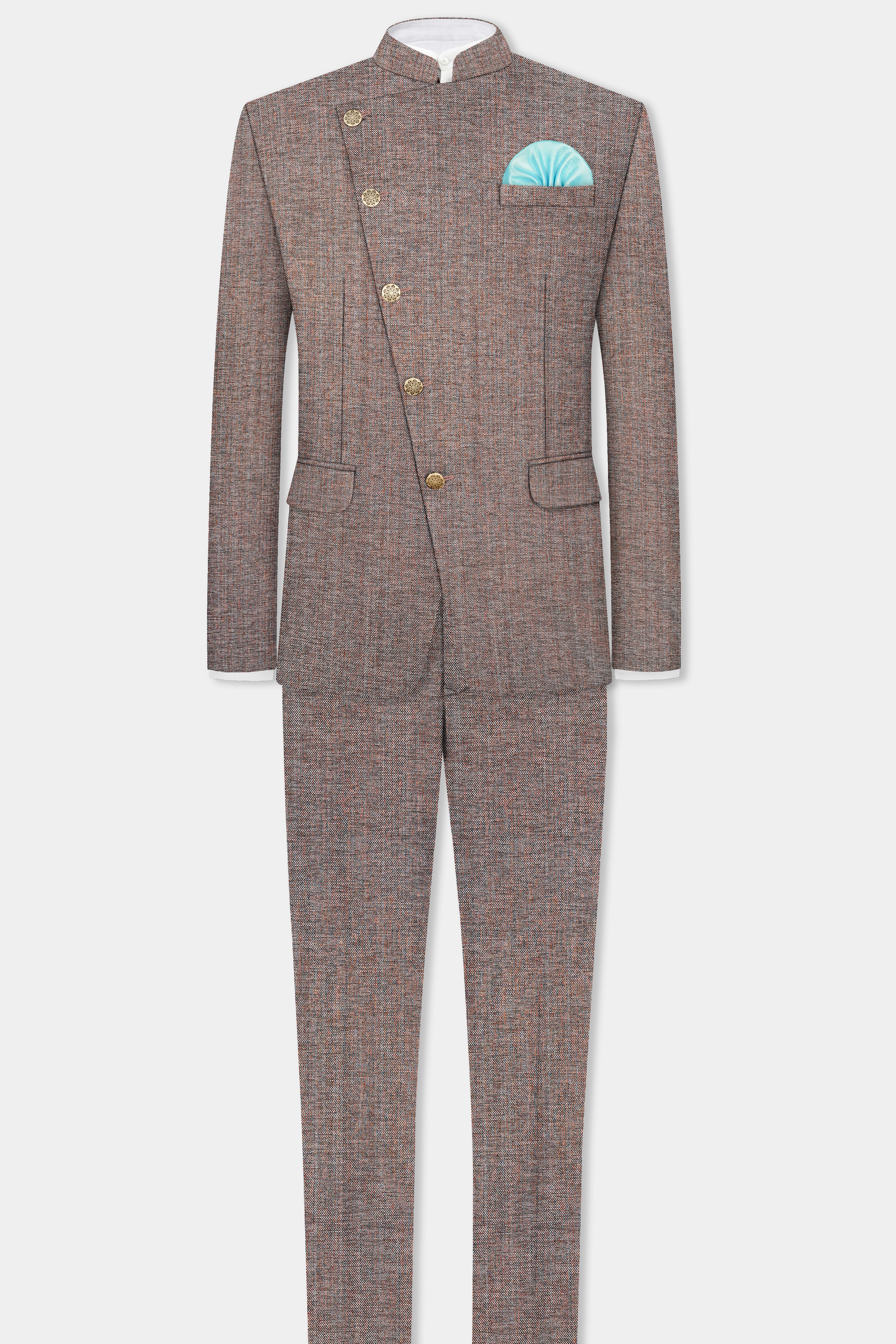 Ferra Brown Textured Cross Placket Bandhgala Suit