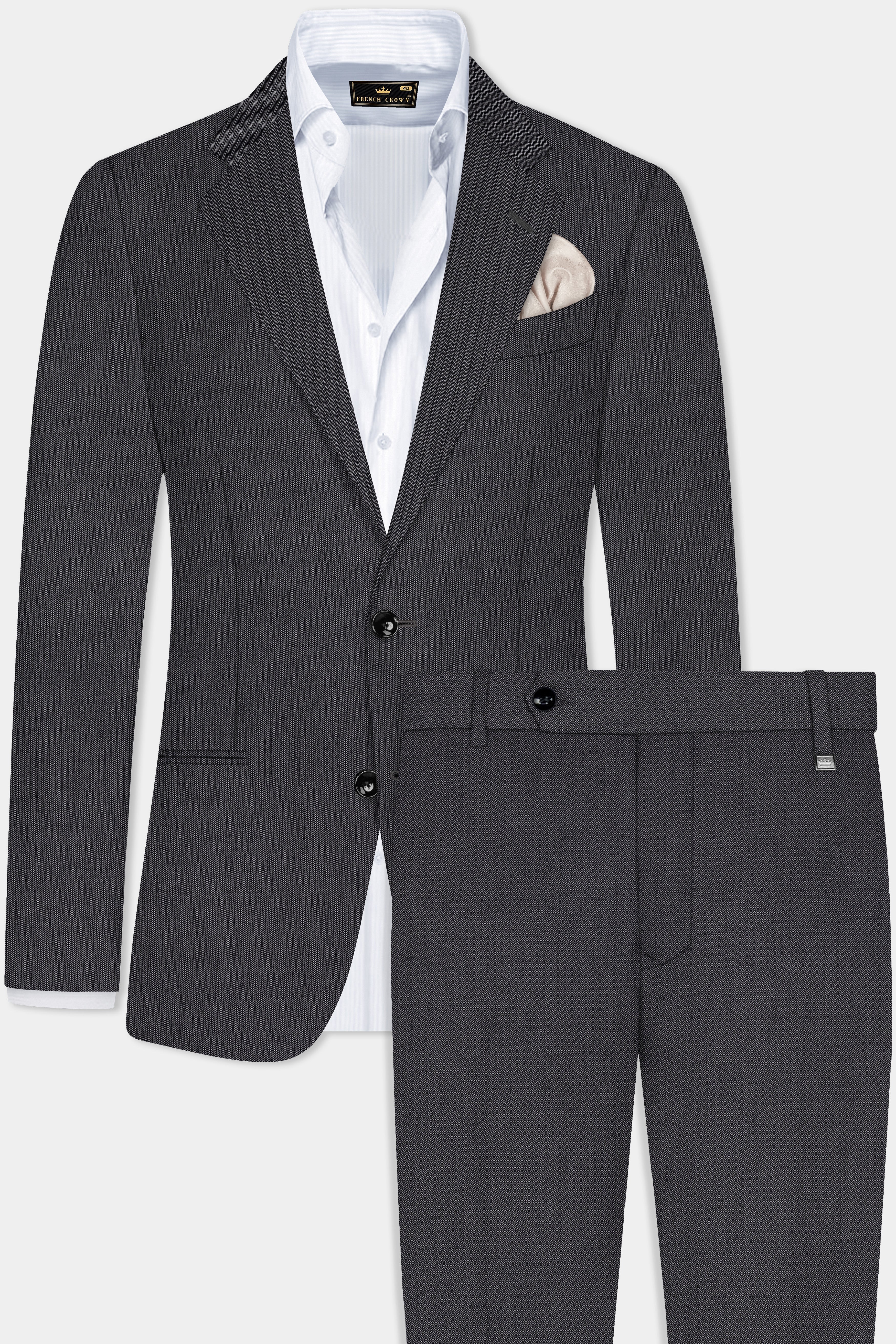 Vampire Gray herringbone Textured Cotton Single Breasted Suit