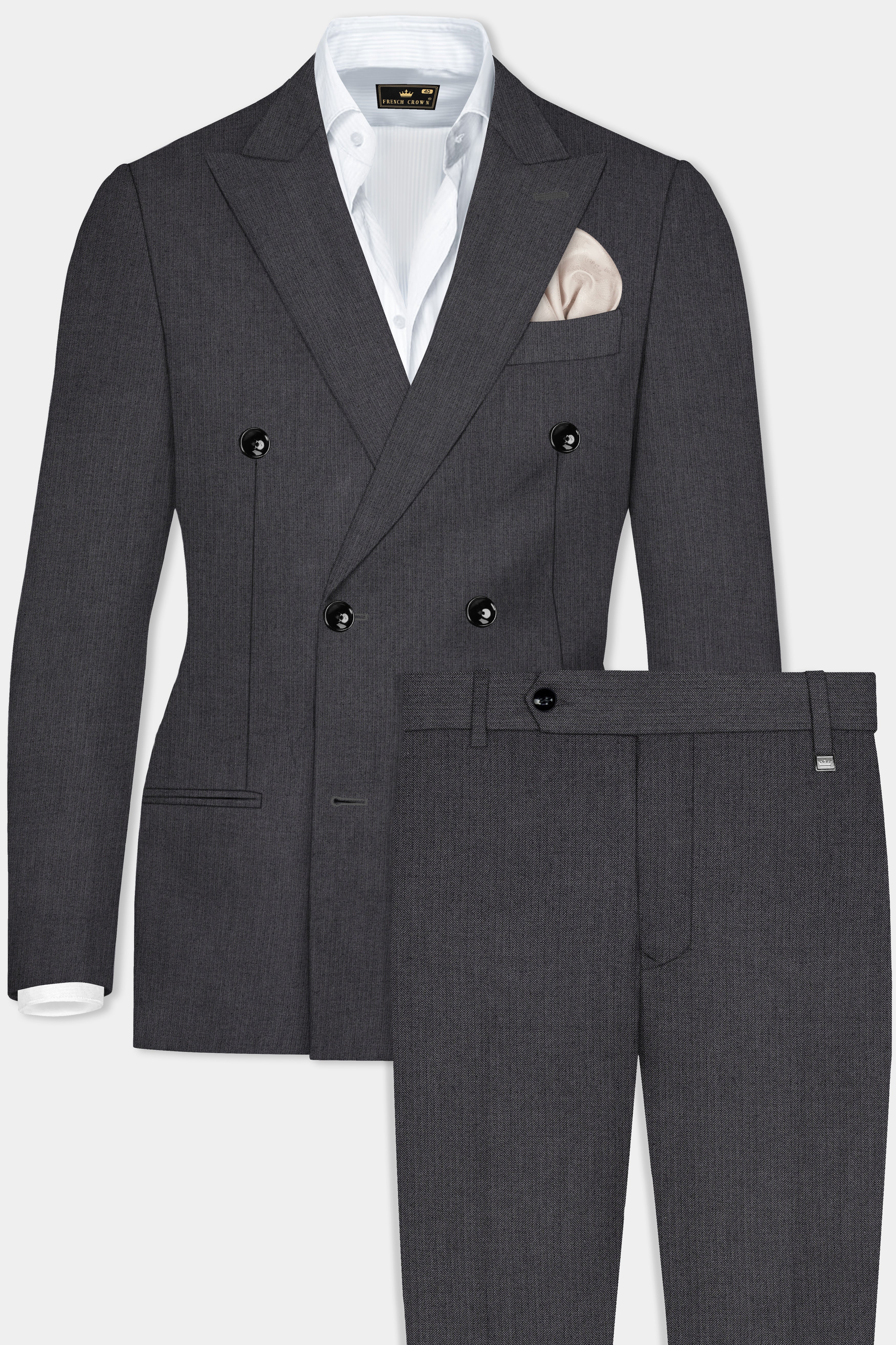 Vampire Gray herringbone Textured Cotton Double Breasted Suit