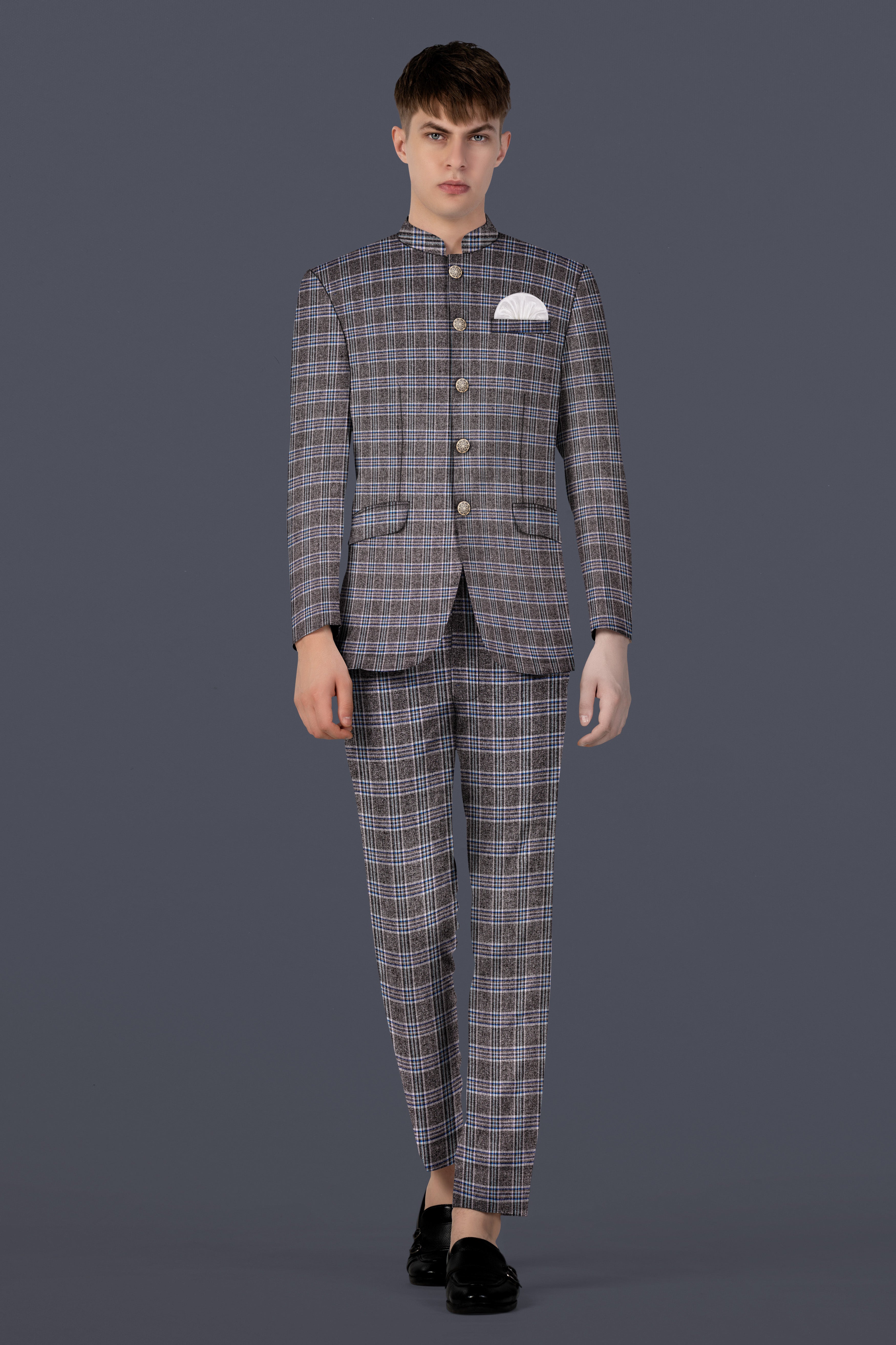 Ironside Grey Plaid Wool Blend Bandhgala Suit