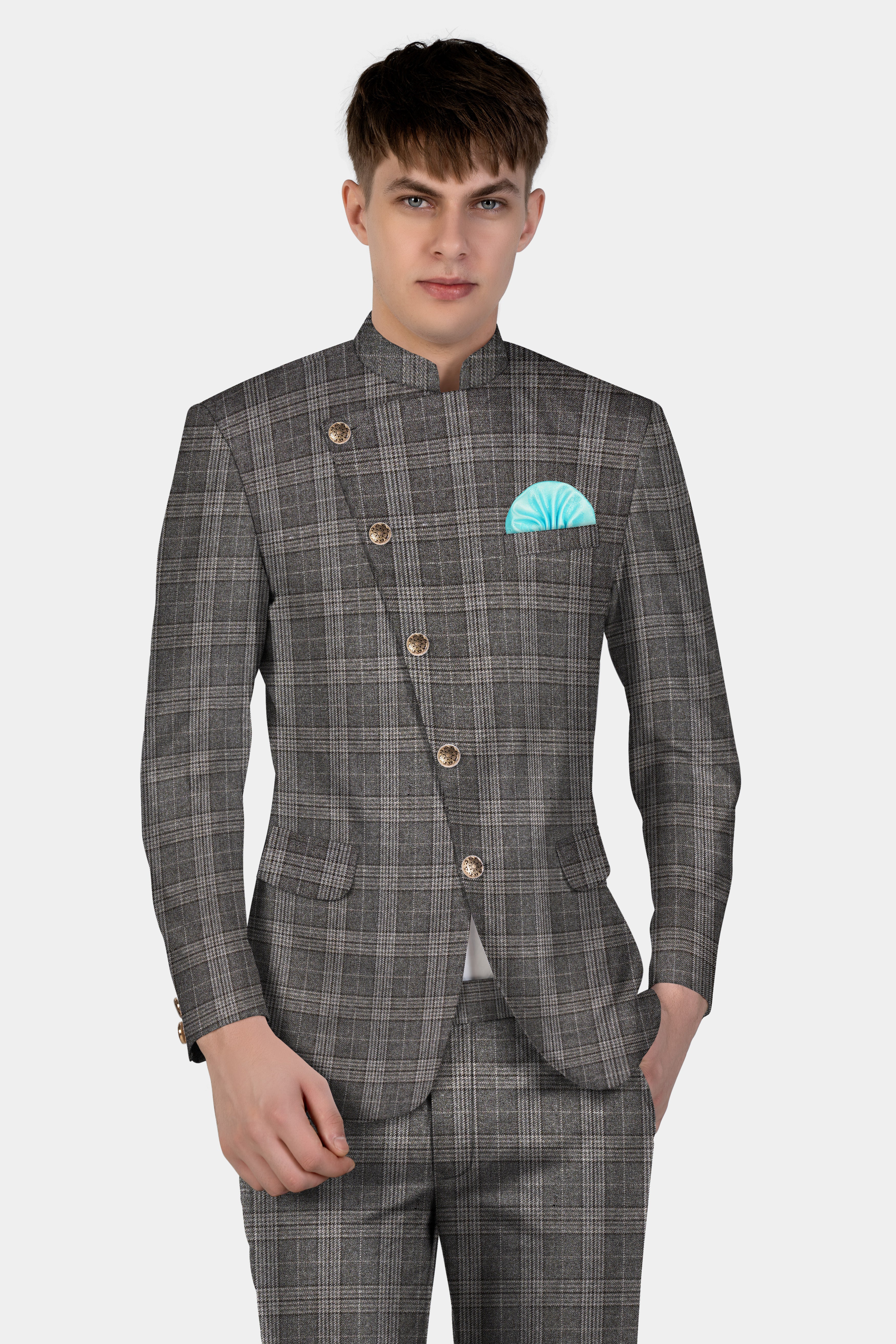 Iridium Gray Plaid Tweed Wool Blend Cross Placket Bandhgala Suit