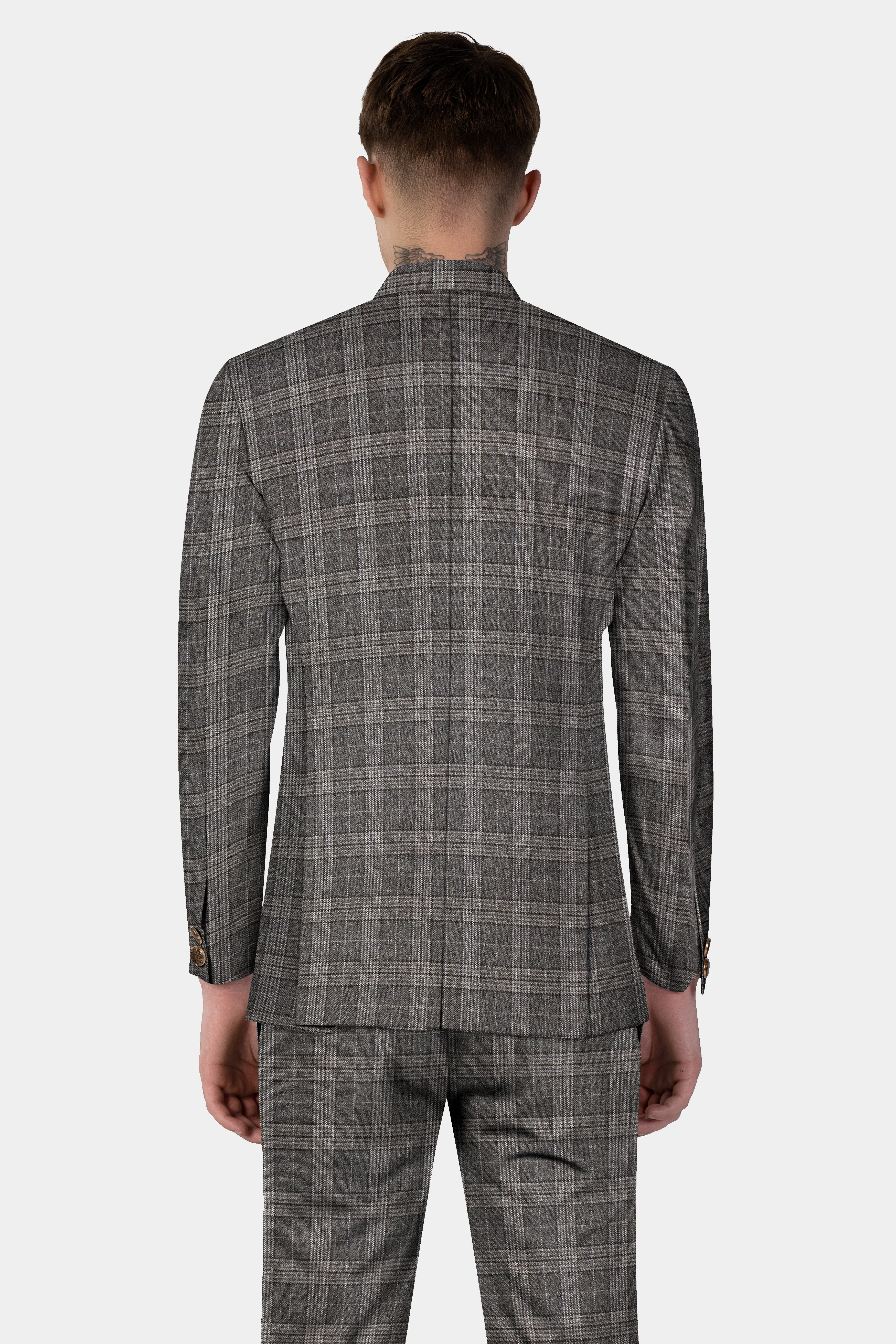 Iridium Gray Plaid Tweed Wool Blend Cross Placket Bandhgala Suit