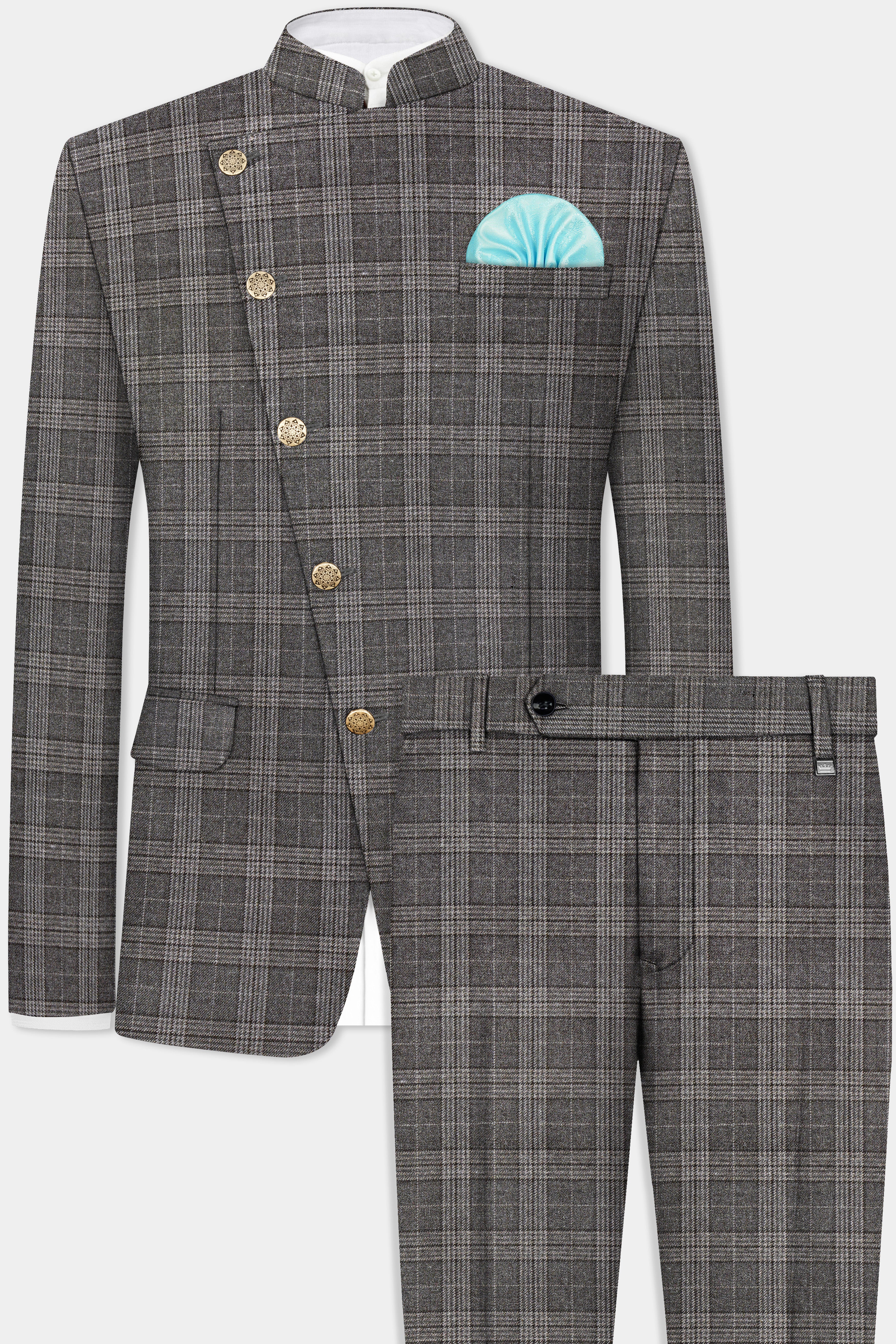 Iridium Gray Plaid Tweed Wool Blend Cross Placket Bandhgala Suit