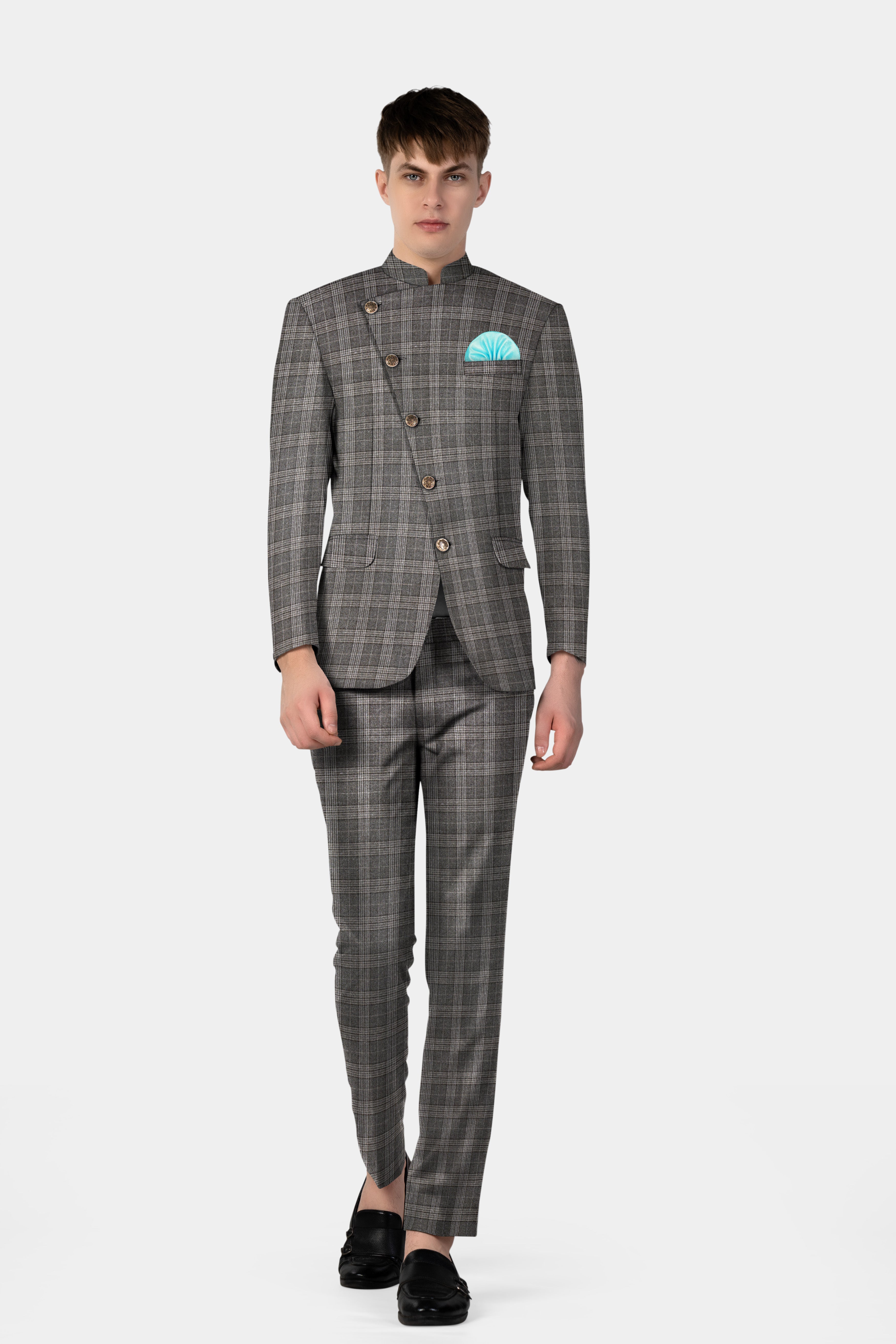 Iridium Gray Plaid Tweed Wool Blend Cross Placket Bandhgala Suit