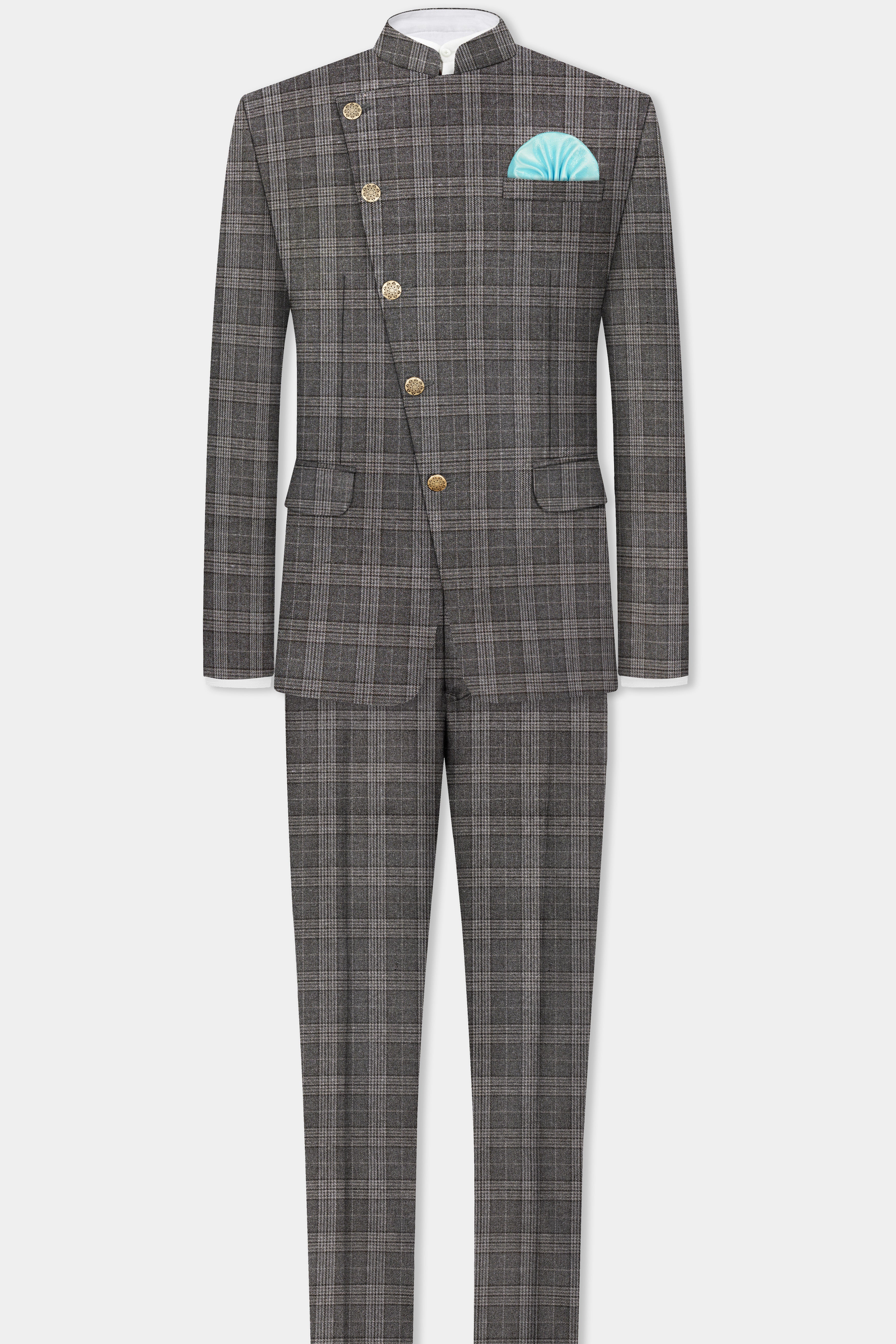 Iridium Gray Plaid Tweed Wool Blend Cross Placket Bandhgala Suit