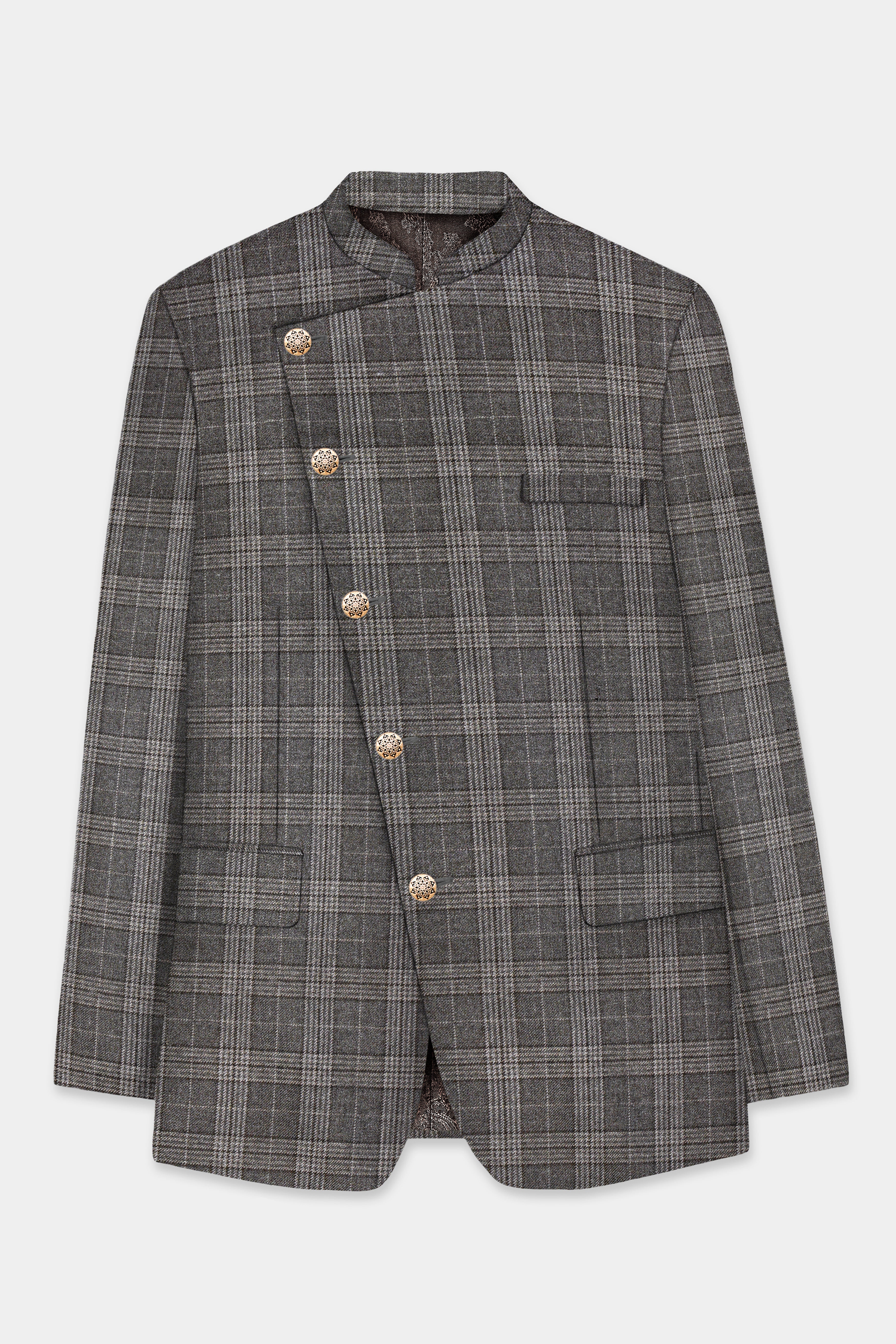 Iridium Gray Plaid Tweed Wool Blend Cross Placket Bandhgala Suit