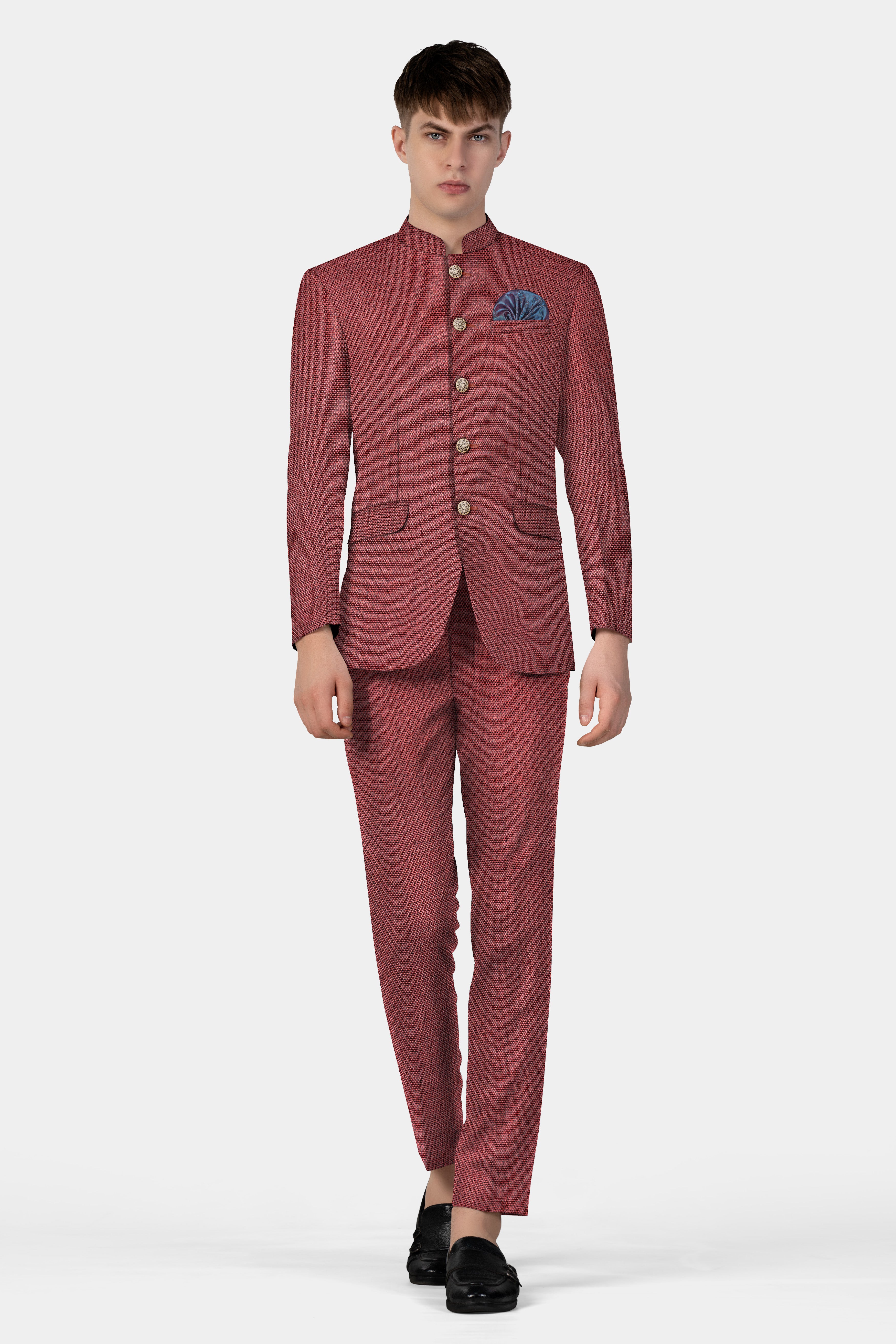 Merlot Red Textured Bandhgala Suit