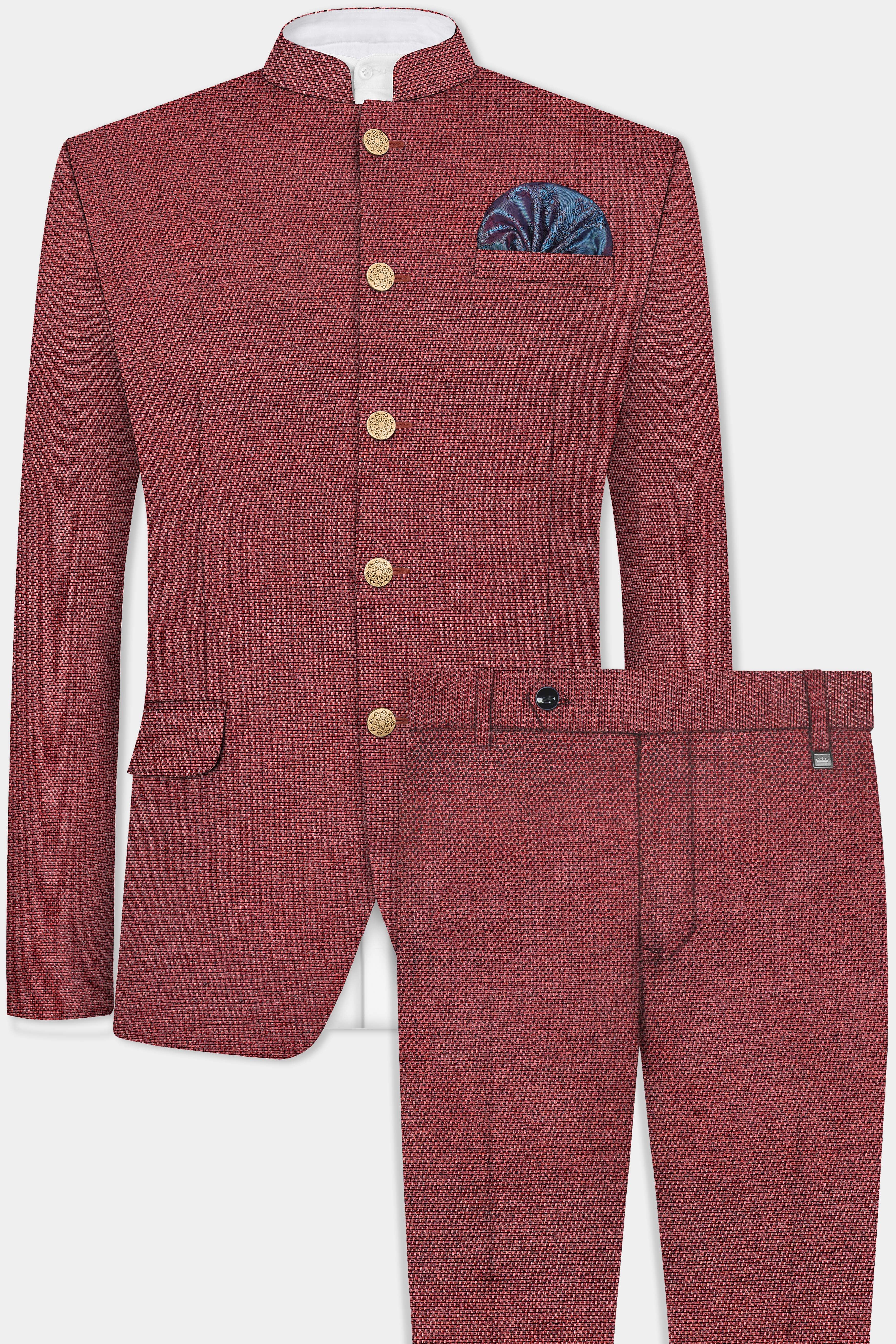 Merlot Red Textured Bandhgala Suit