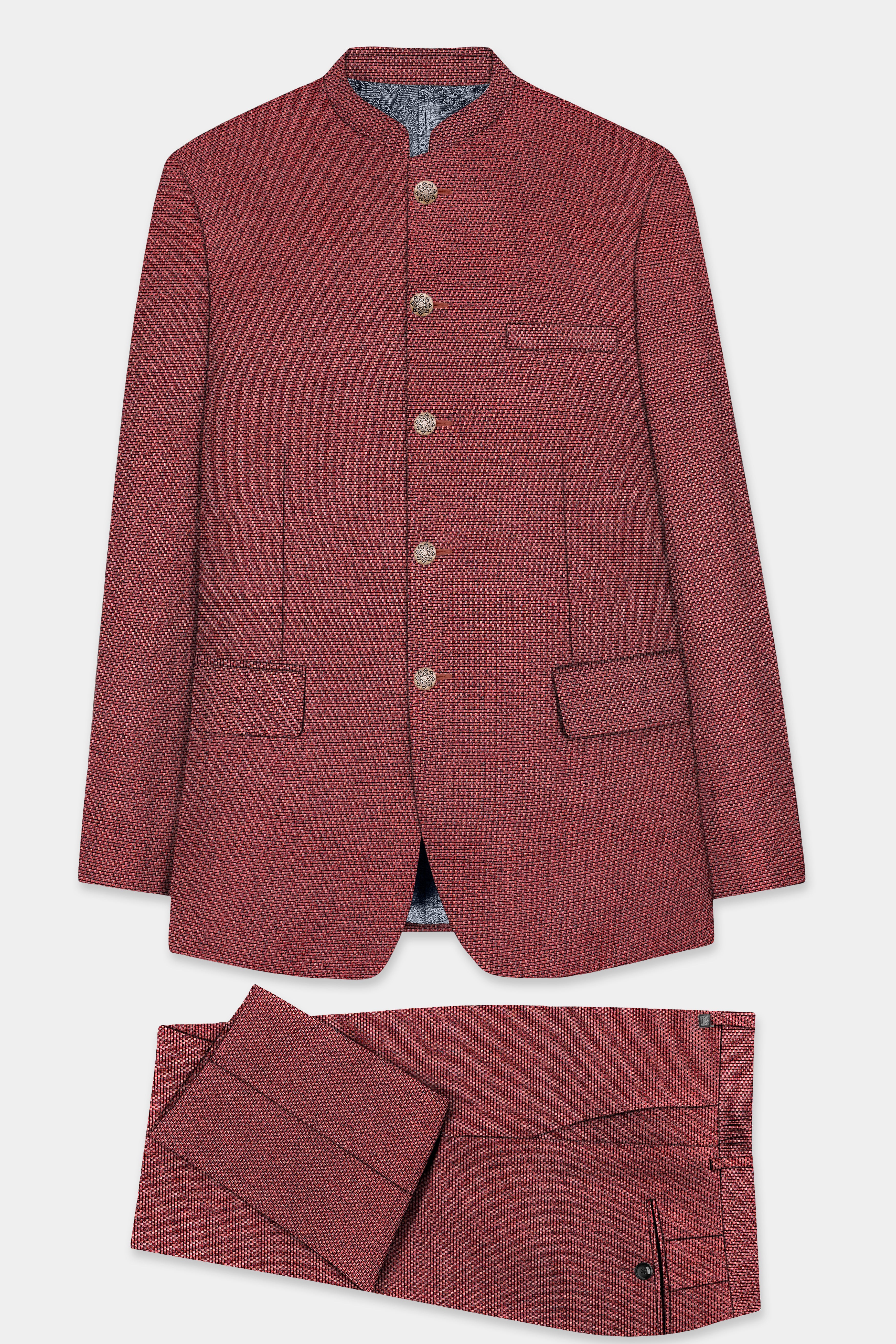 Merlot Red Textured Bandhgala Suit