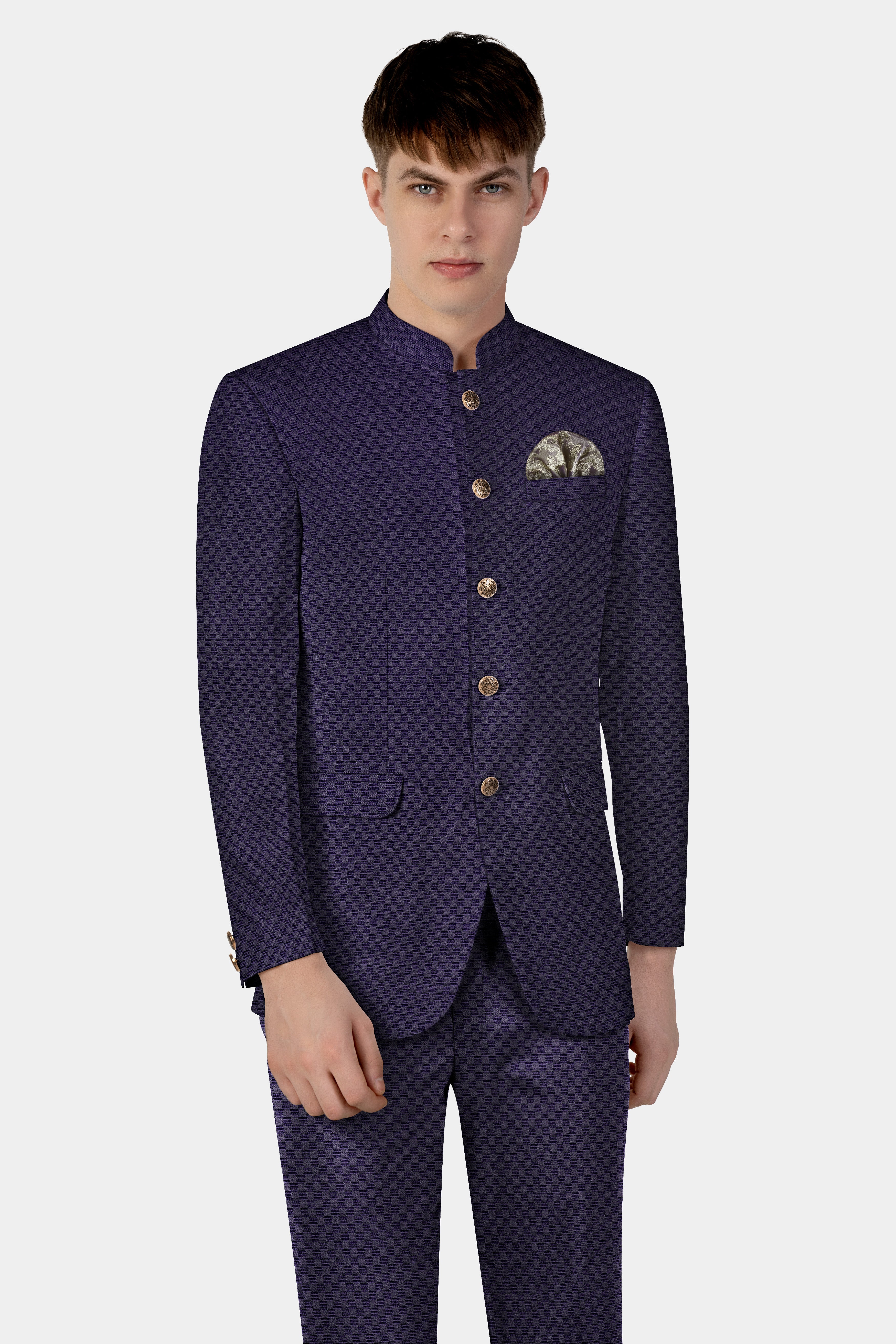 Ebony Purple Jacquard textured Bandhgala Suit