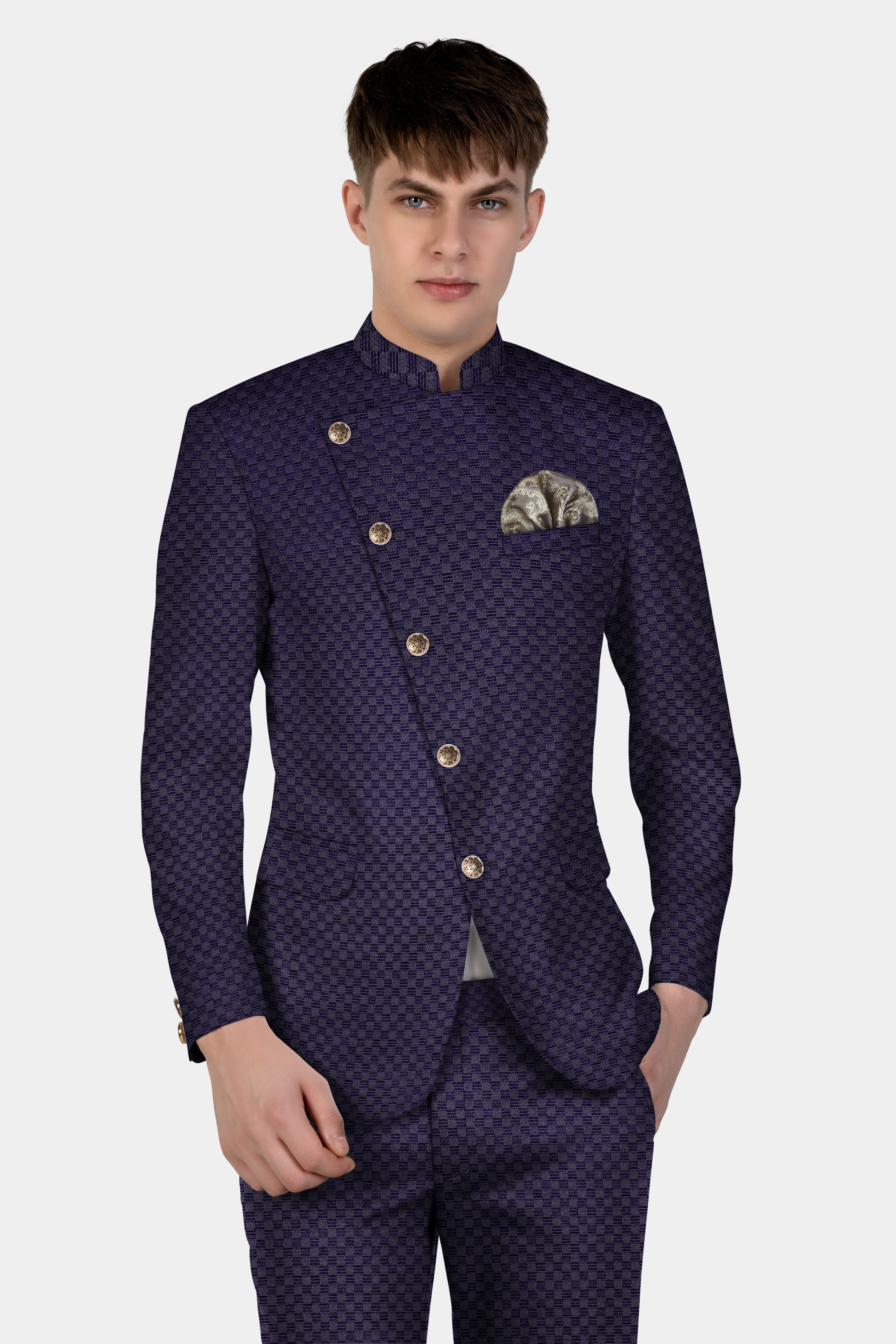 Ebony Purple Jacquard textured Cross Placket Bandhgala Suit