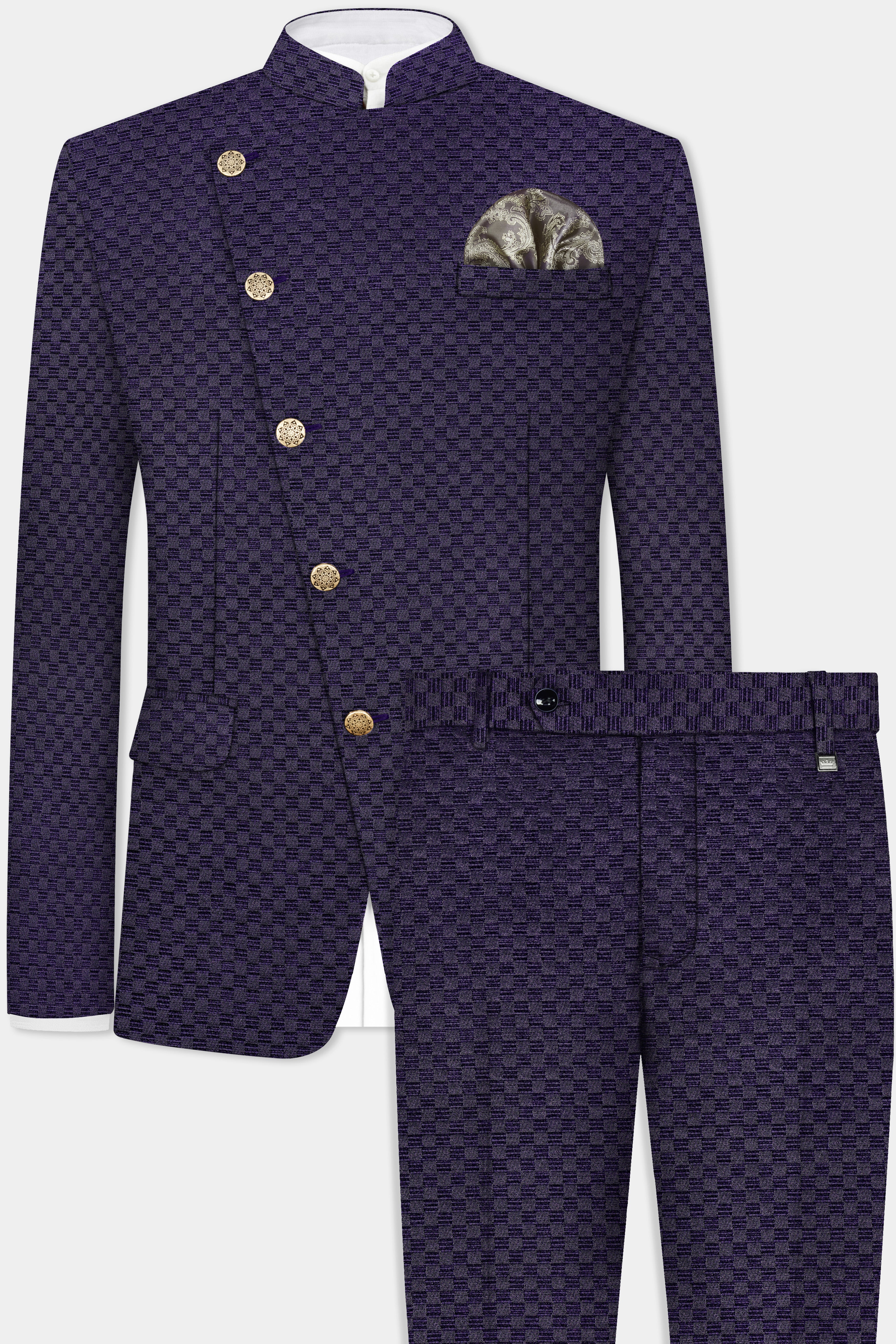 Ebony Purple Jacquard textured Cross Placket Bandhgala Suit