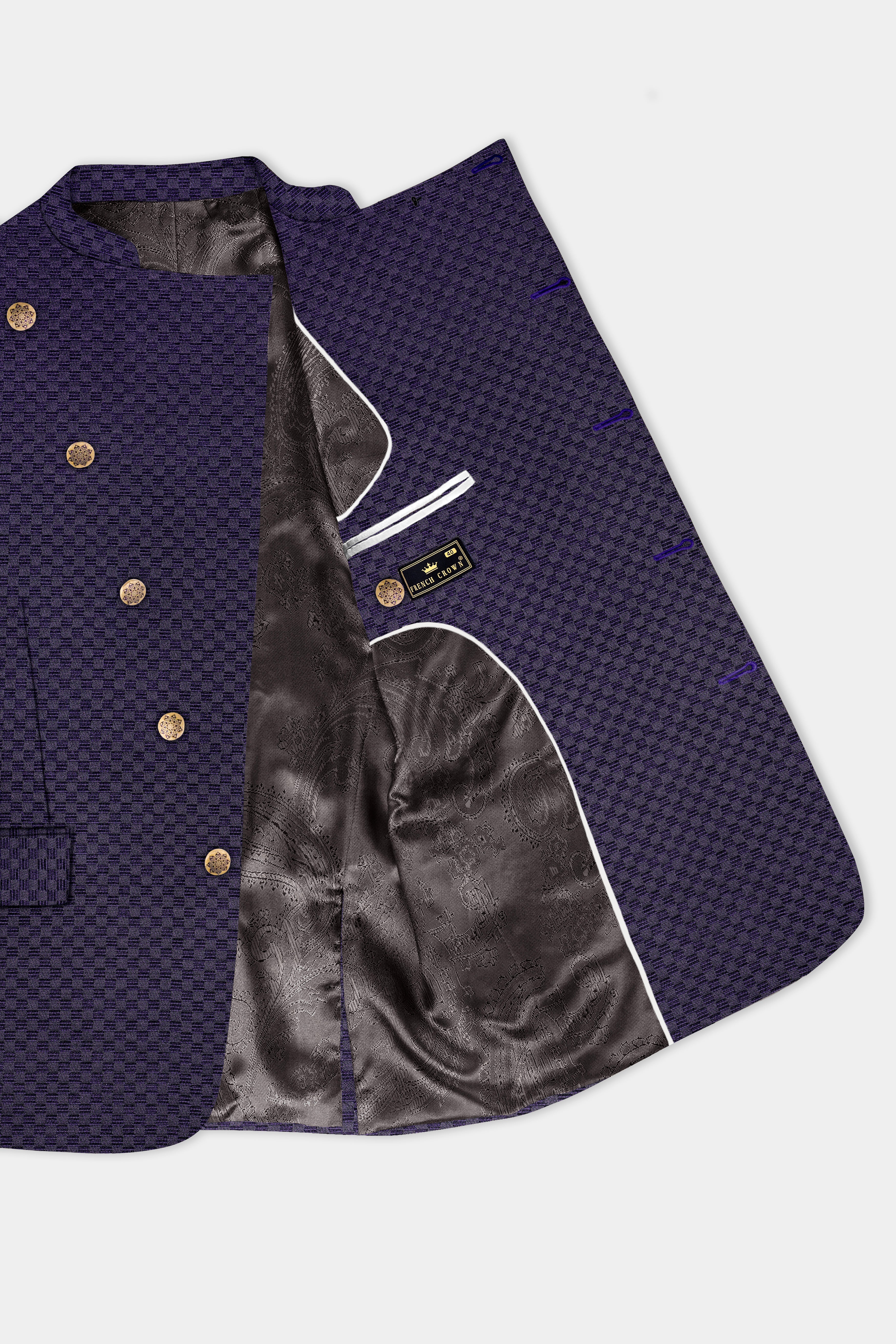 Ebony Purple Jacquard textured Cross Placket Bandhgala Suit