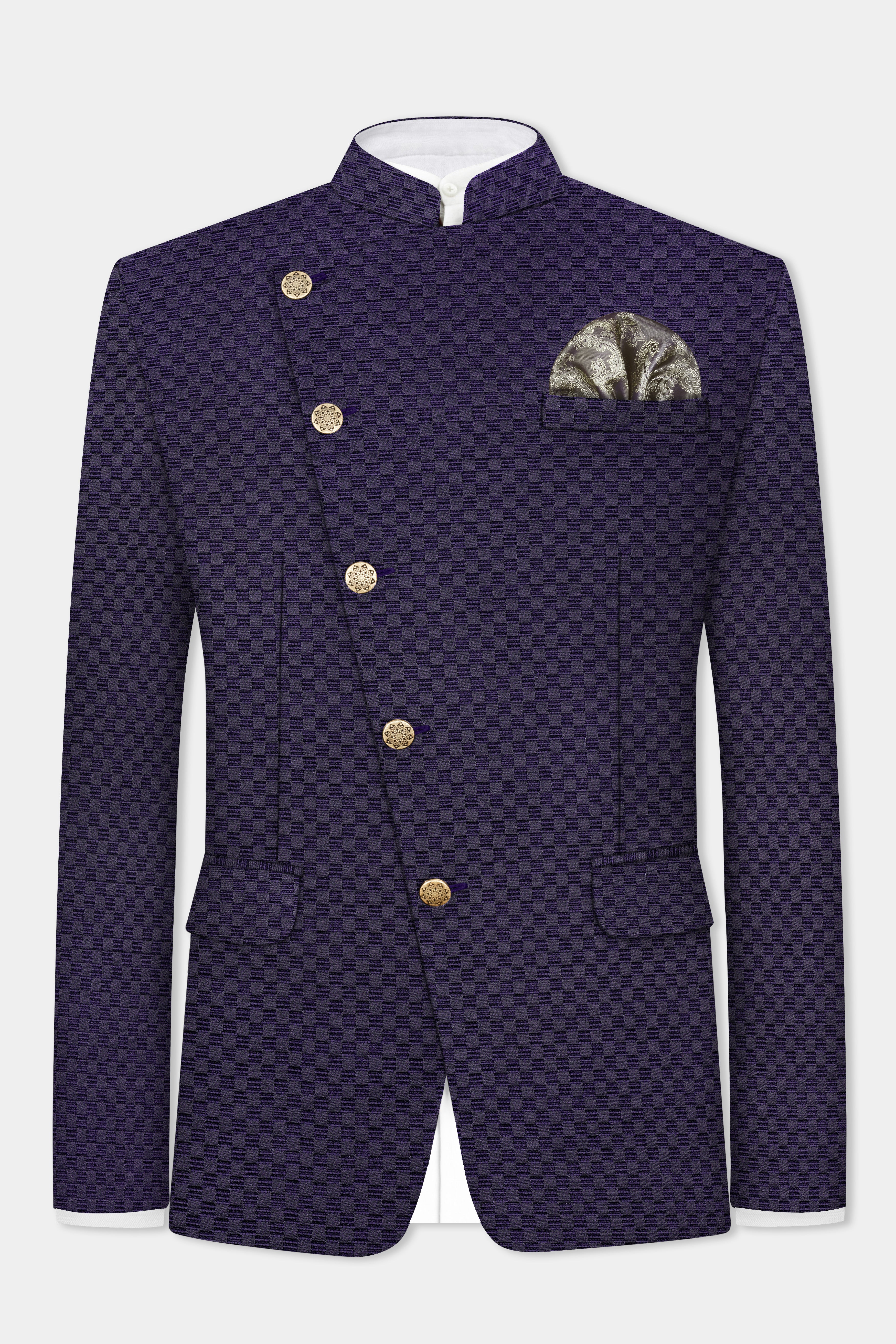 Ebony Purple Jacquard textured Cross Placket Bandhgala Suit