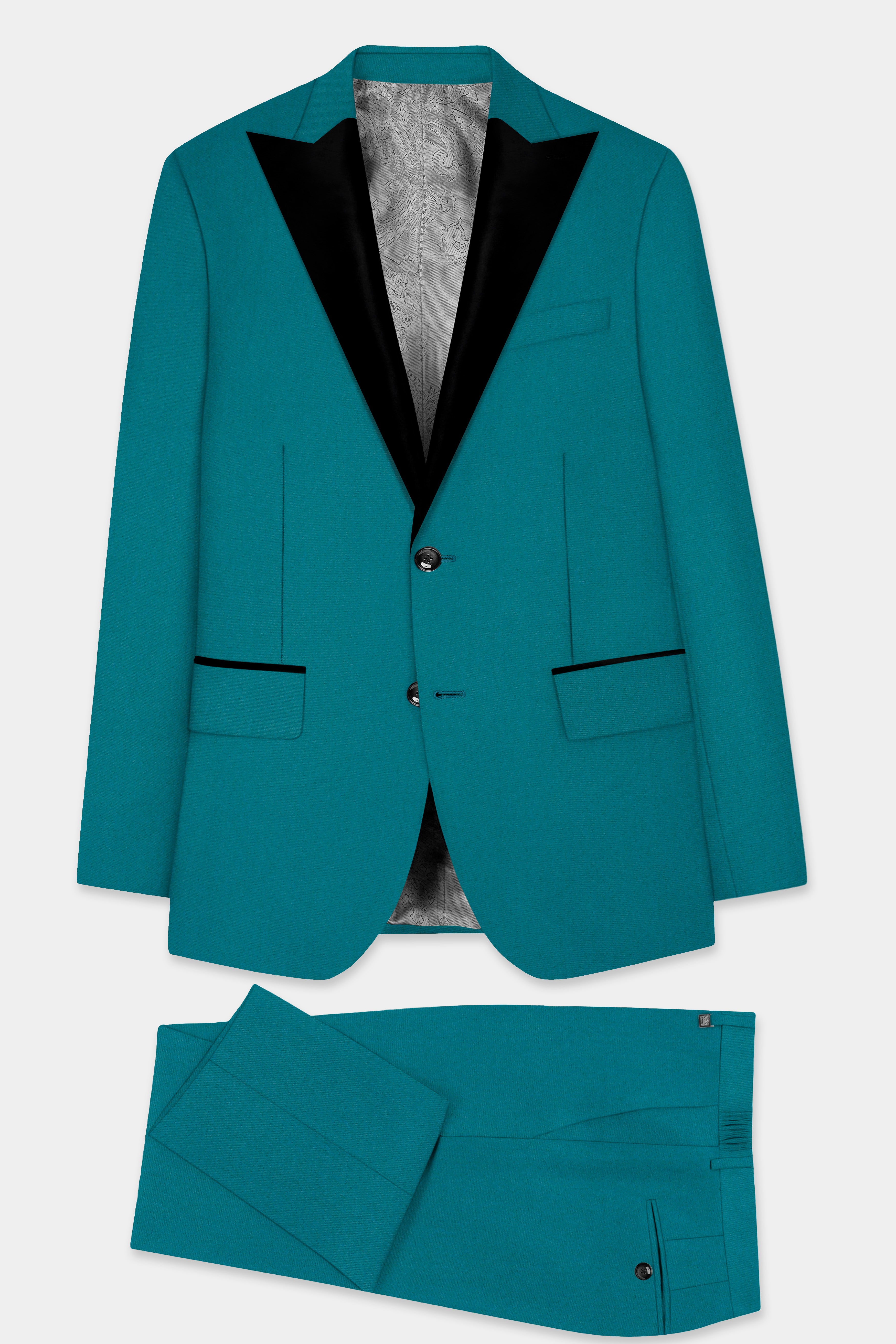 Surfie Green Plain Solid Wool Blend Peak Lapel Tuxedo Suit