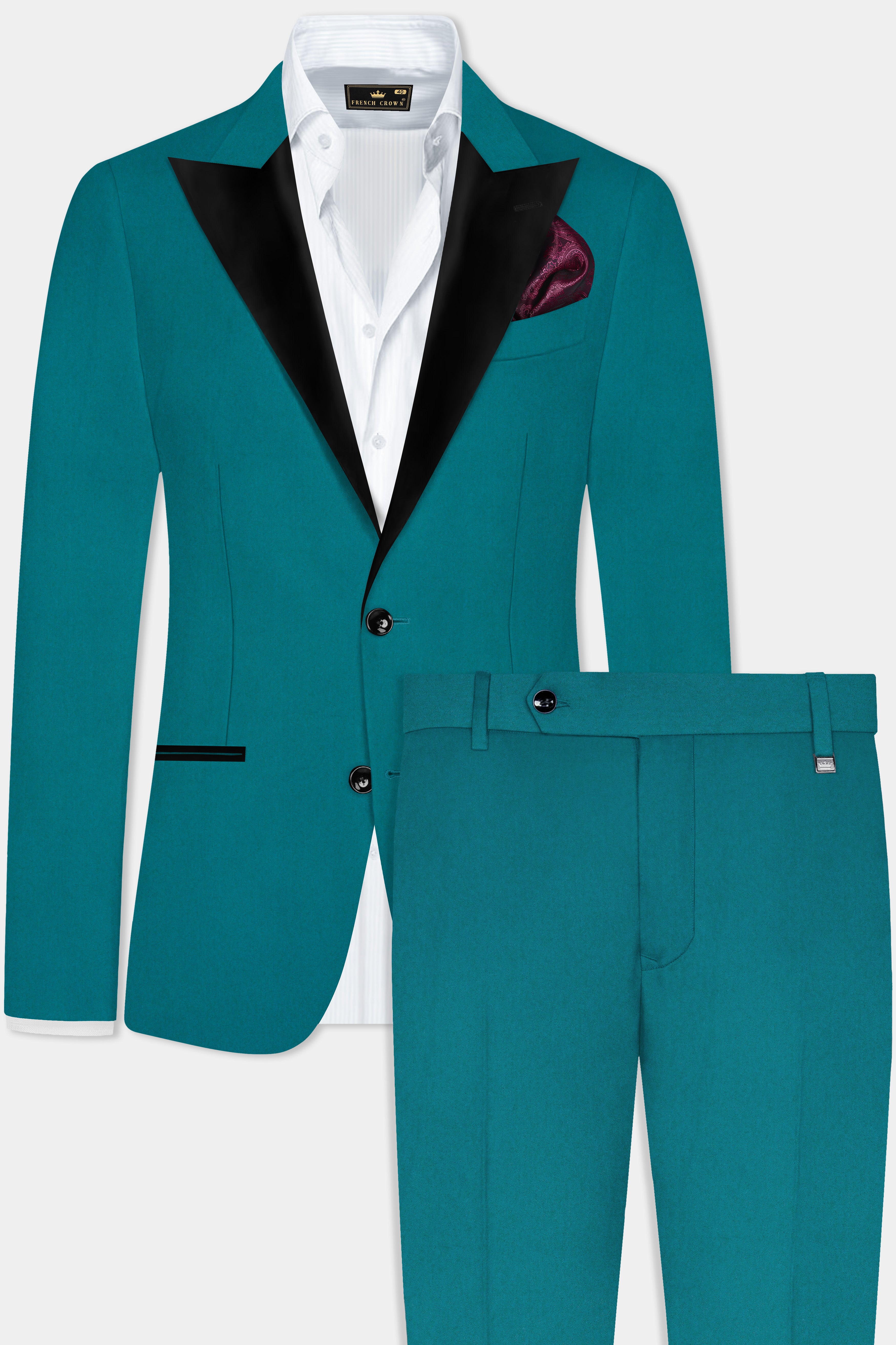 Surfie Green Plain Solid Wool Blend Peak Collar Tuxedo Suit