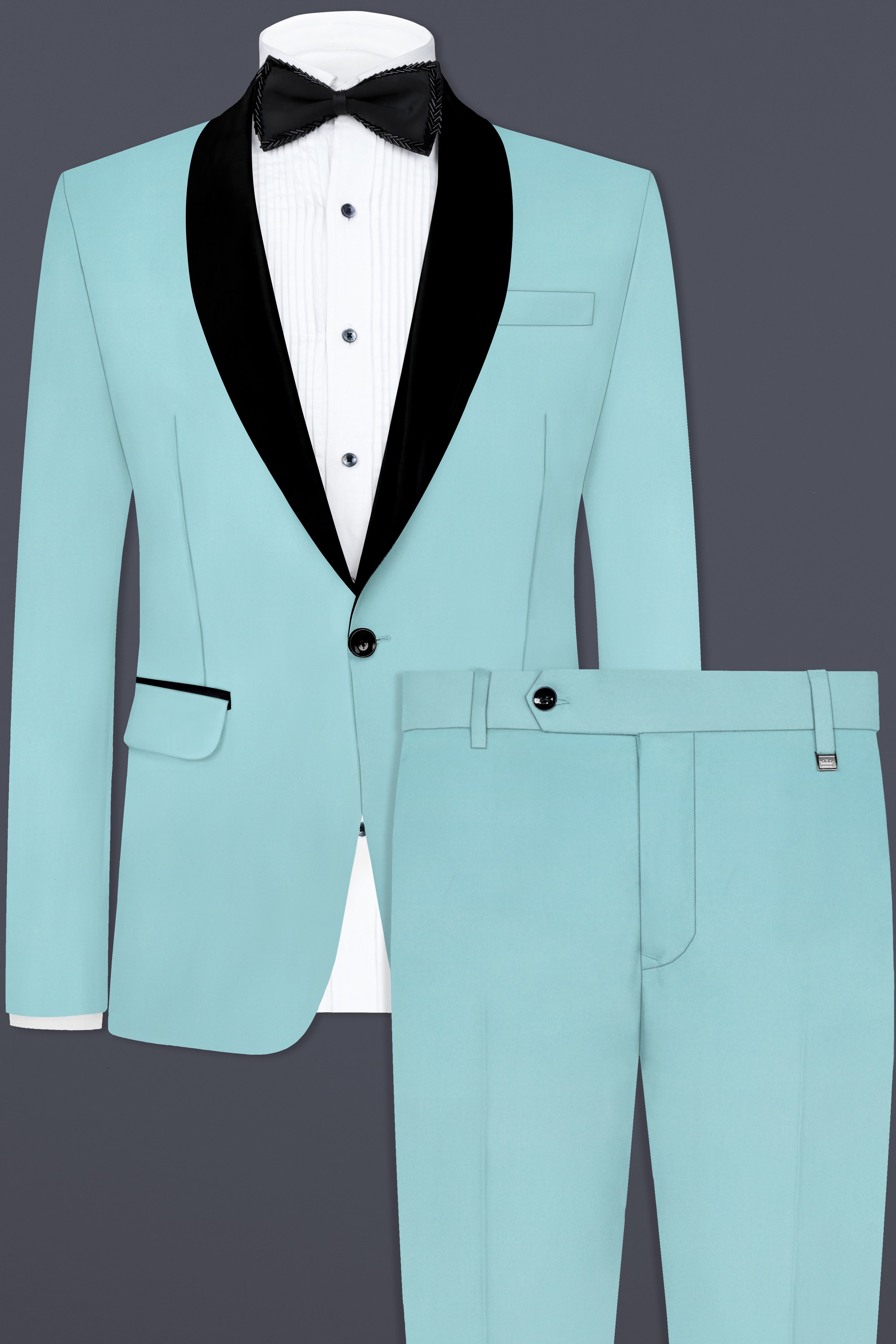 Korean Sinbad Blue Solid Wool Blend Tuxedo Suit