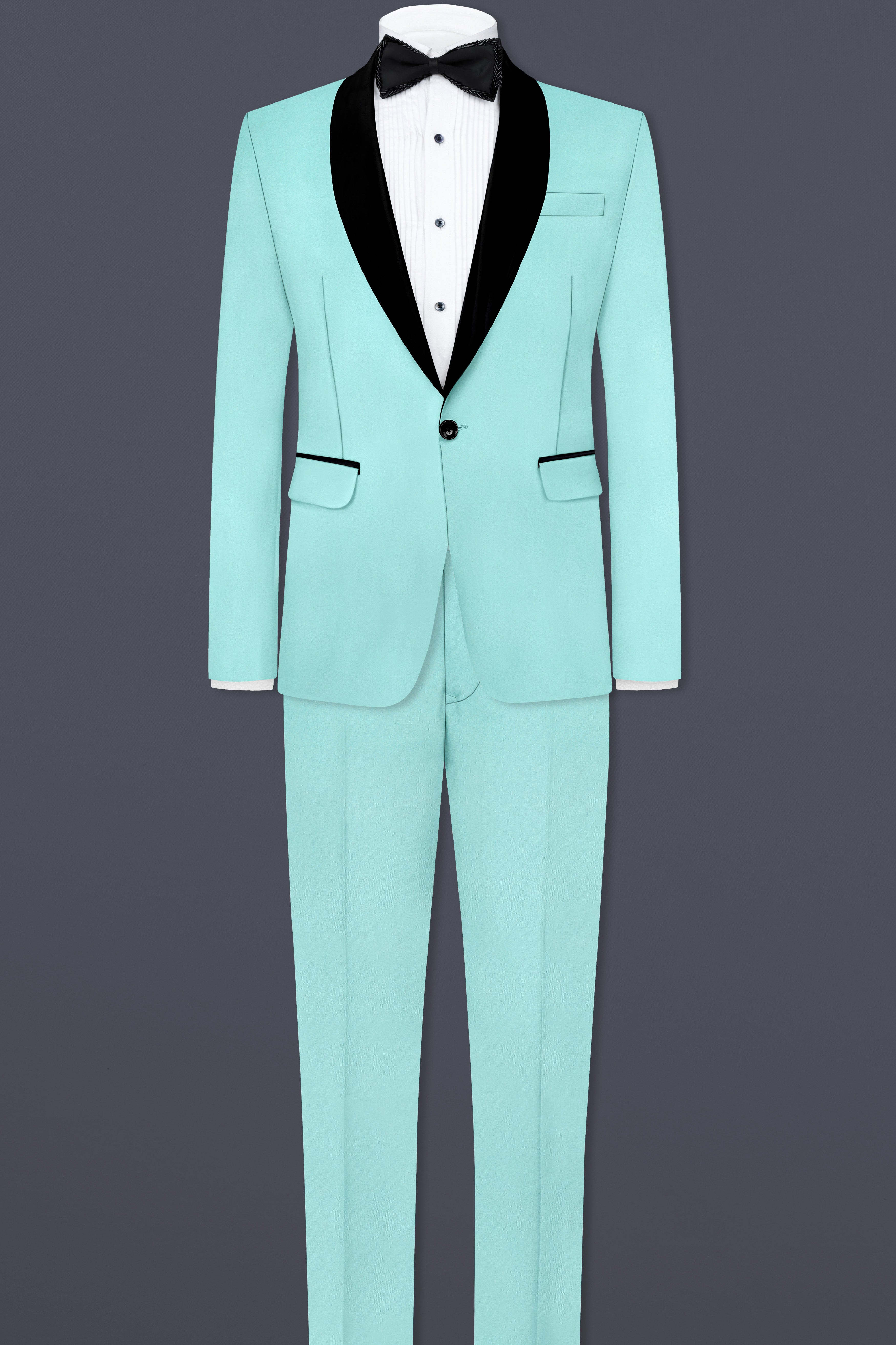 Korean Sinbad Blue Solid Wool Blend Tuxedo Suit