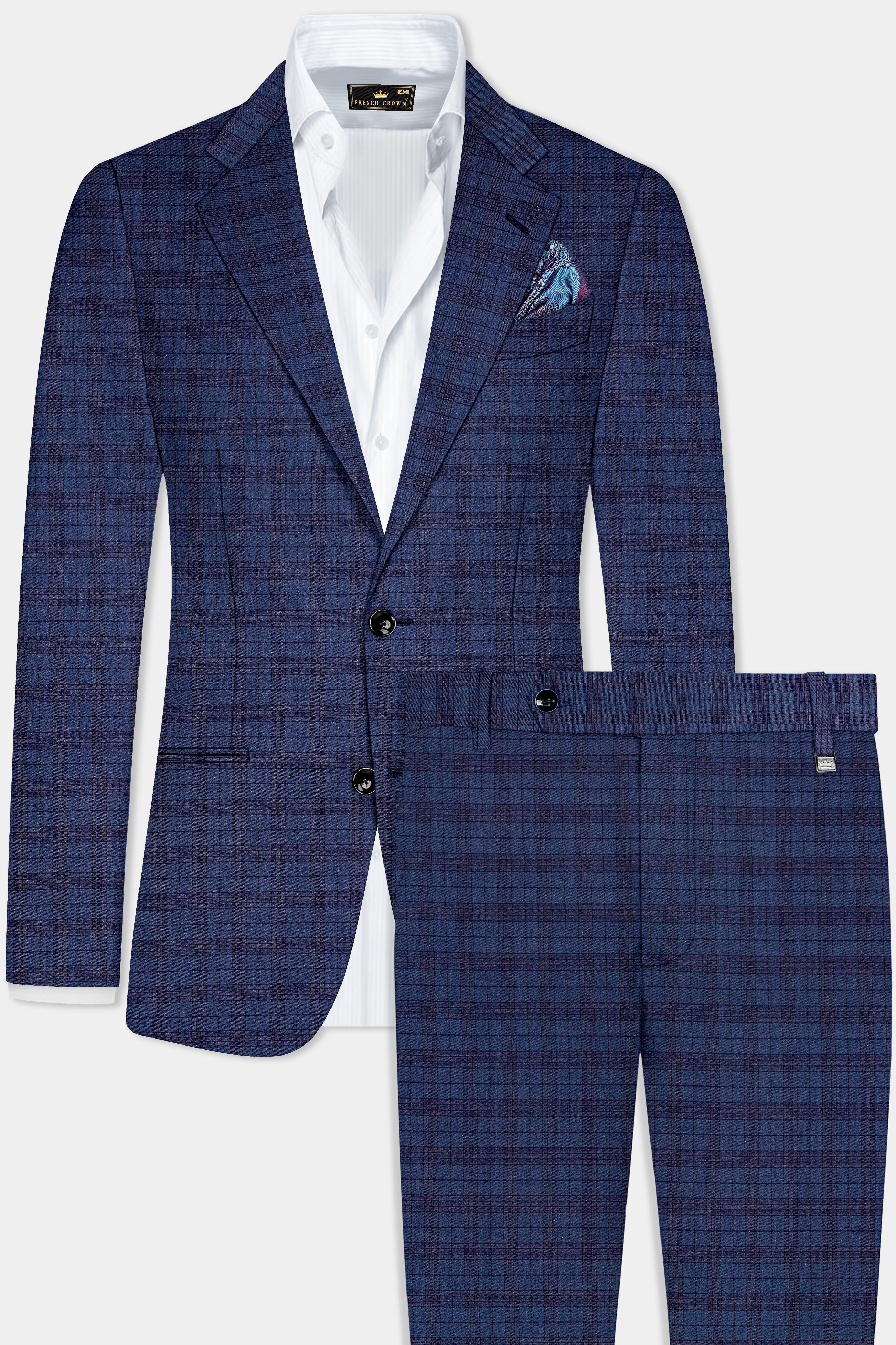 Martinique Blue Plaid Wool Blend Single Breasted Suit