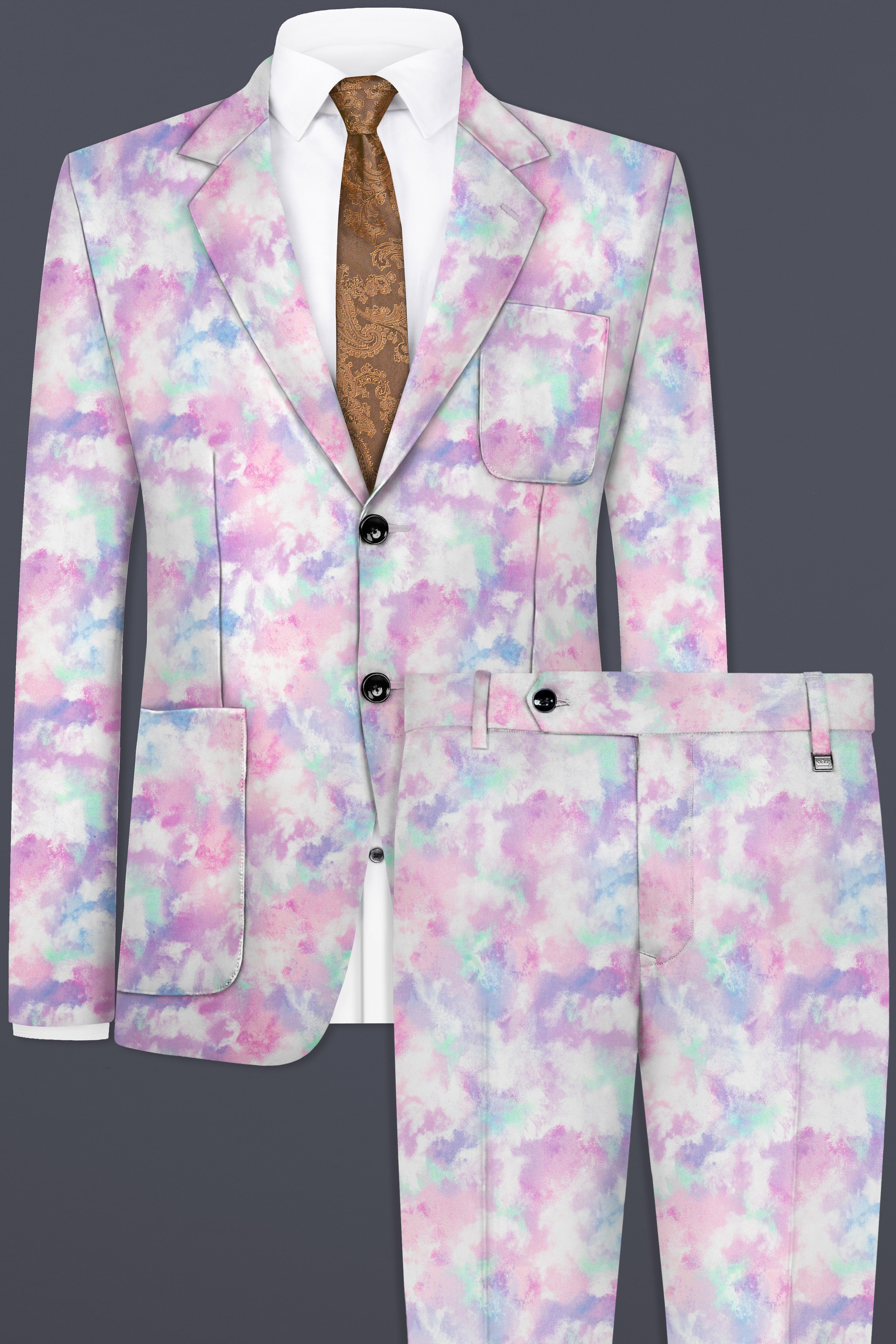 Thistle Pink And Wisteria Purple Multi Color cloud printed Cotton Single Breasted Suit