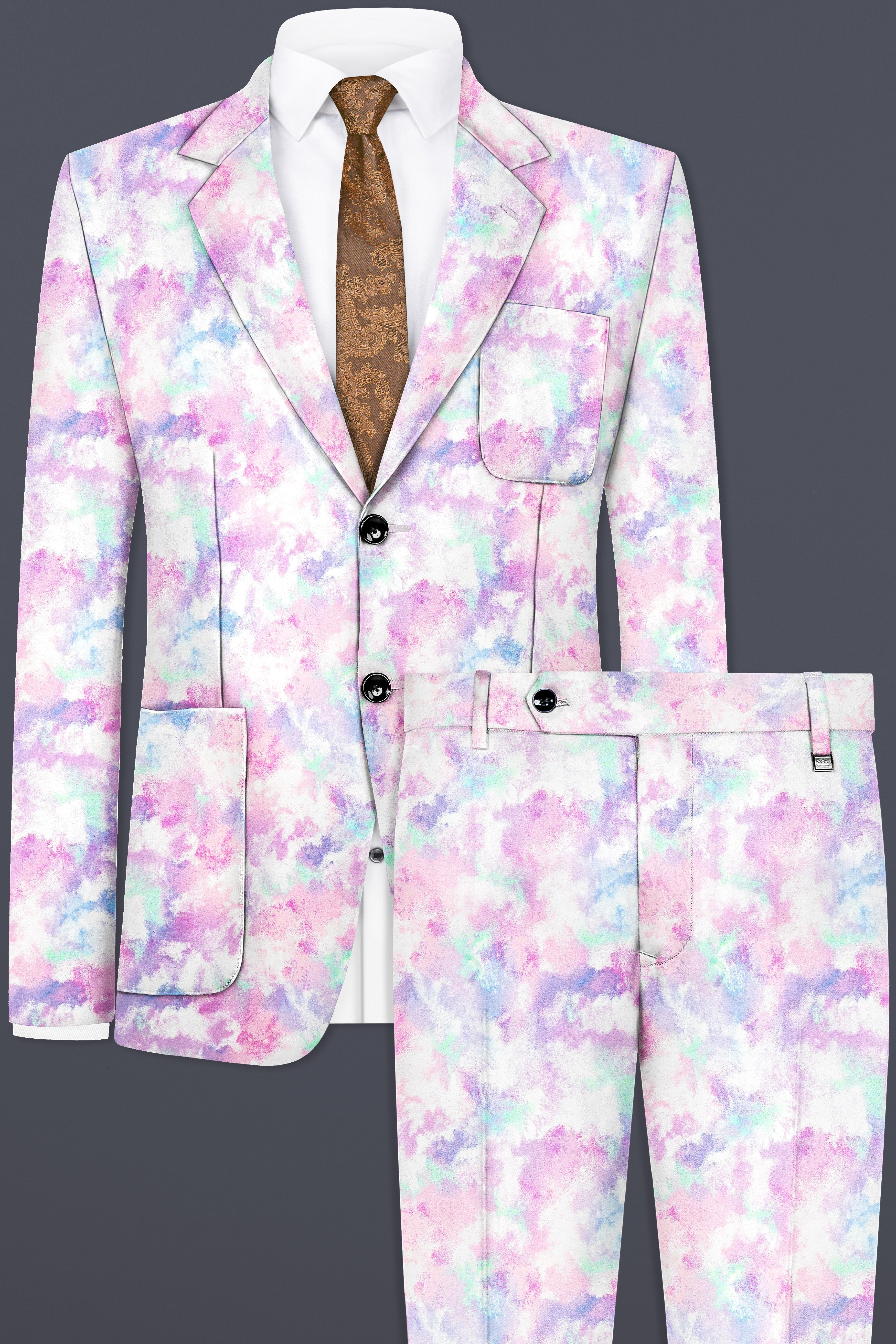 Thistle Pink And Wisteria Purple Multi Color cloud printed Cotton Single Breasted Suit