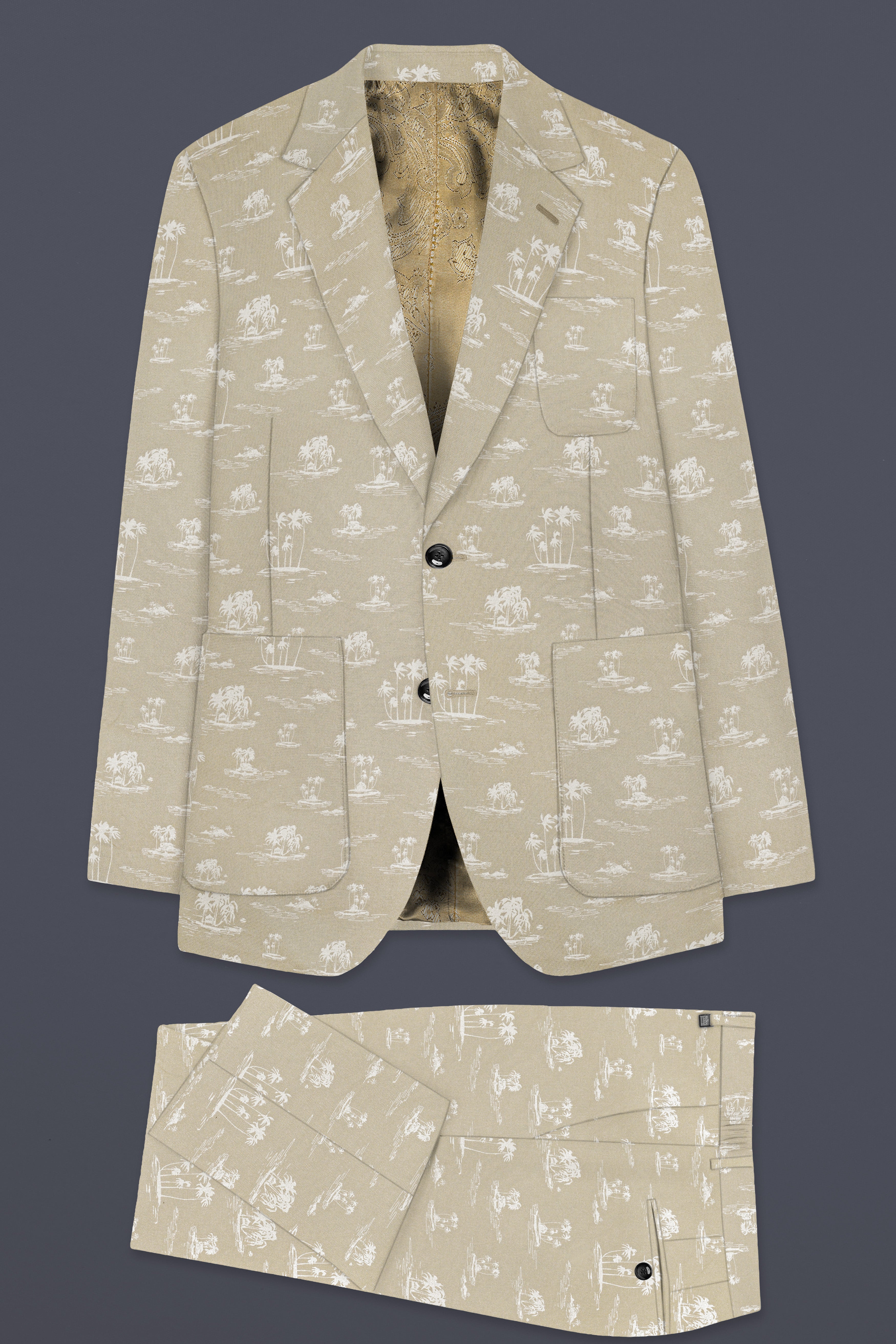 Malta Cream Coconut Tree Printed Cotton Single Breasted Suit