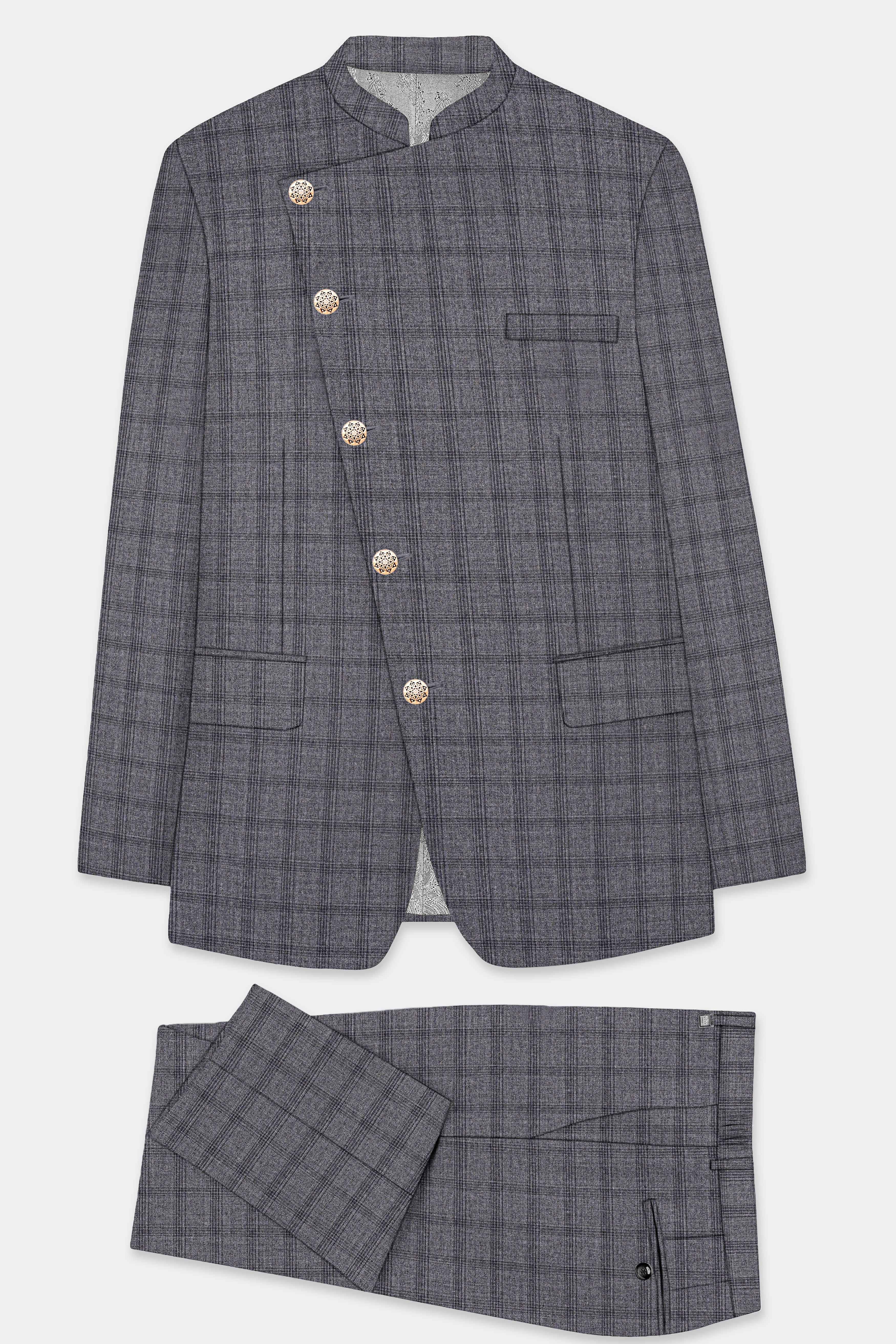 Gravel Gray Checked Wool Blend Cross Placket Bandhgala Suit