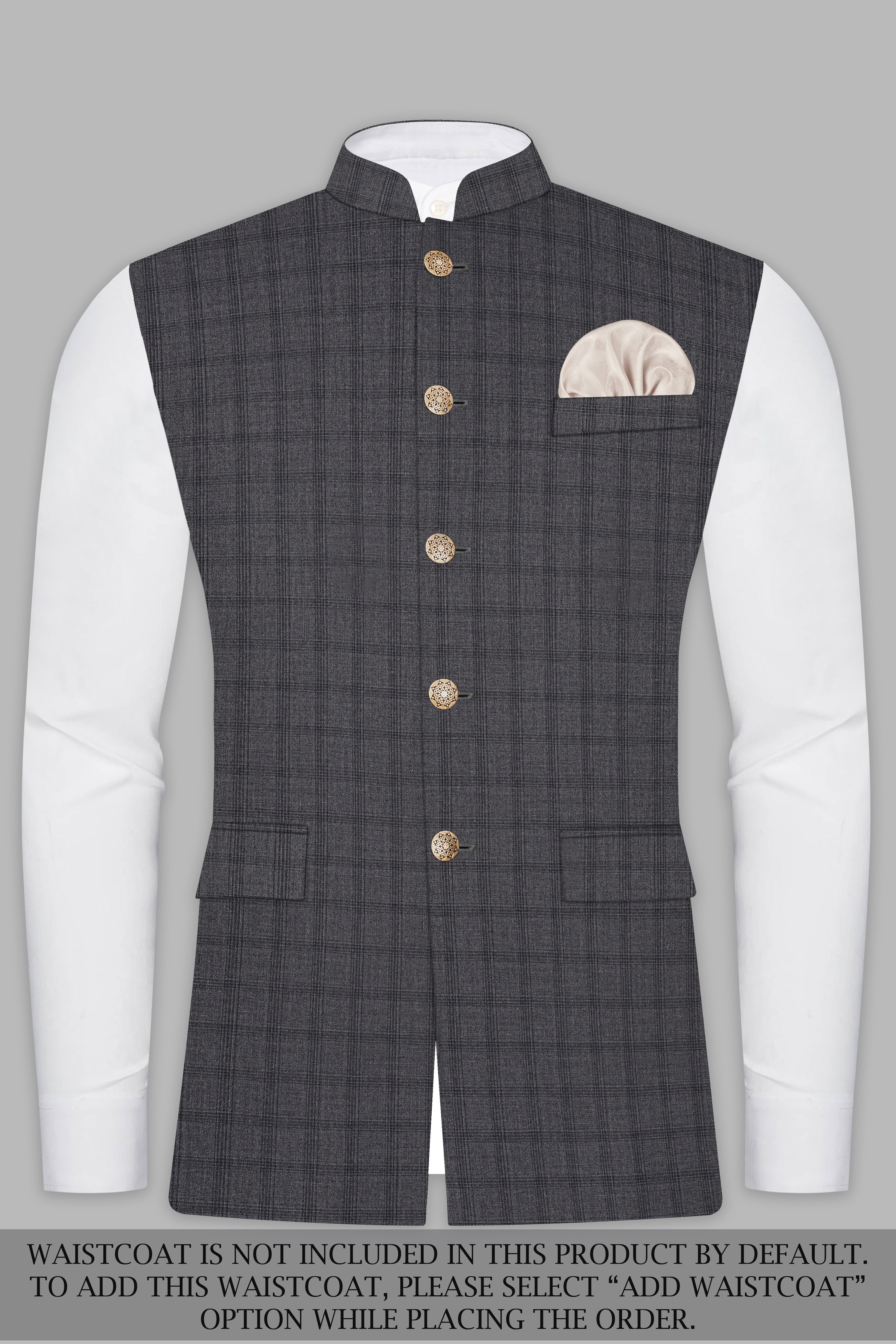 Gravel Gray Checked Wool Blend Cross Placket Bandhgala Suit